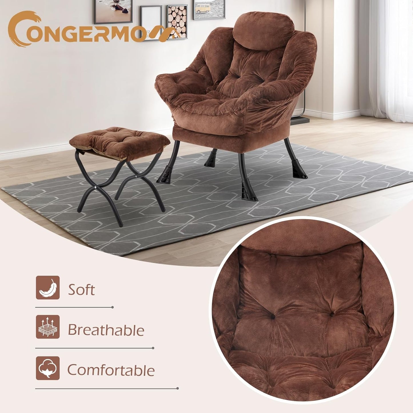 Lazy Chair with Folding Ottoman,Leisure Sofa Chair,Soft Fabric Armchair with Armrests and Side Pockets, Reading Chair with Footrest for Living Room, Bedroom, Office (Plush Dark Brown)