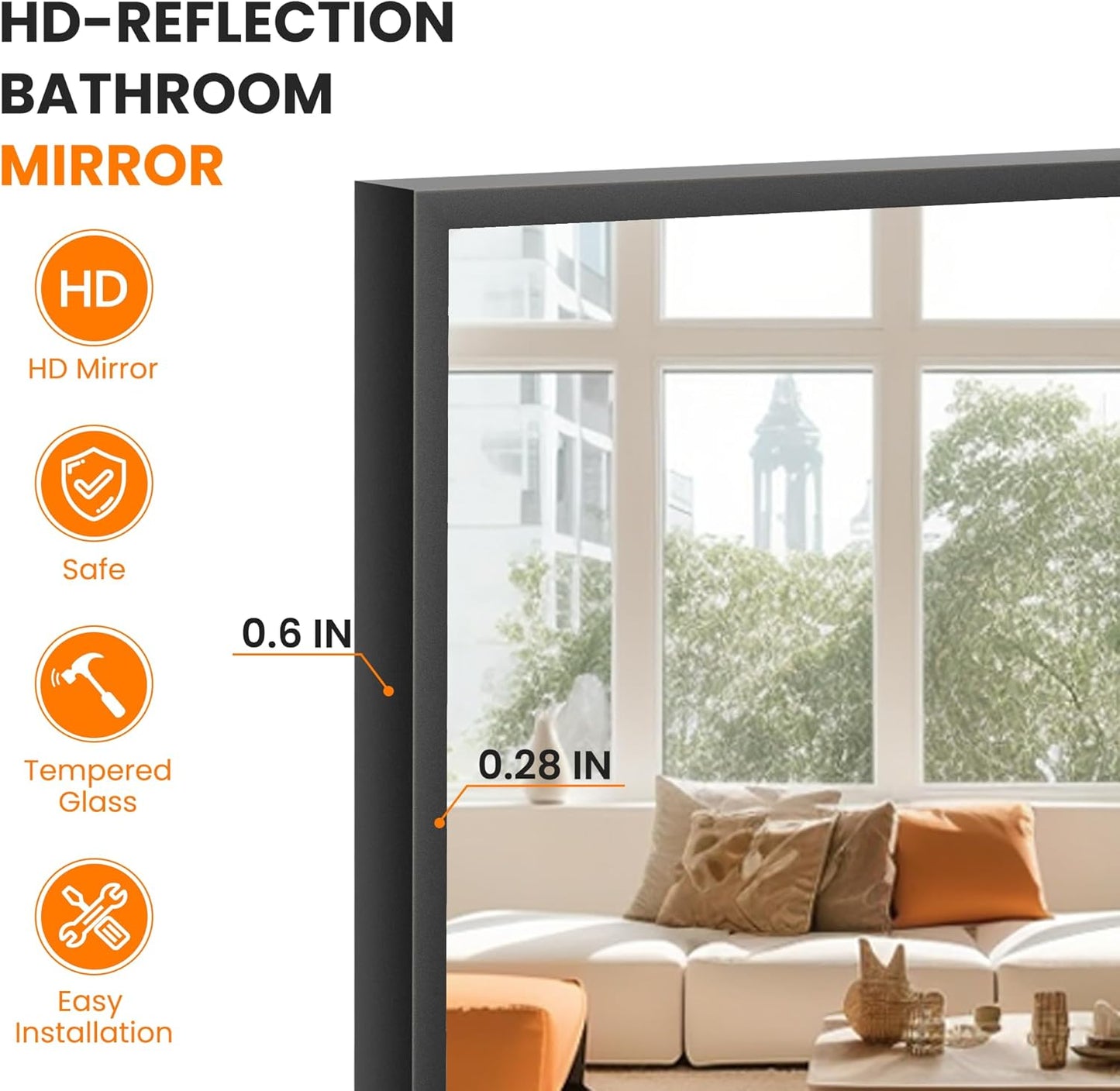 Bathroom Vanity Mirror for Wall, 36" x 24" Metal Framed Rectangular Bathroom Wall Mirror for Over Sink, HD Shatterproof Glass, Hangs Horizontally or Vertically(Black)