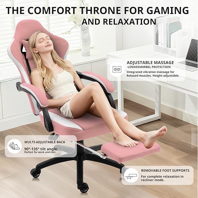 Dowinx Gaming Chair Breathable Fabric Game Chair with Gel Pad and Storage Bag, Comfortable Gamer Chair with Pocket Spring Cushion,Ergonomic Computer Chair with Footrest,Pink