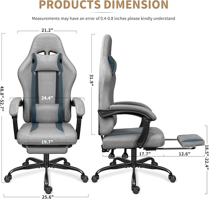 Breathable Fabric Gaming Chair with Footrest, Height Adjustable Game Chair, Video Gaming Chair for Gaming Room, Living Room and Office - Light Grey/Blue