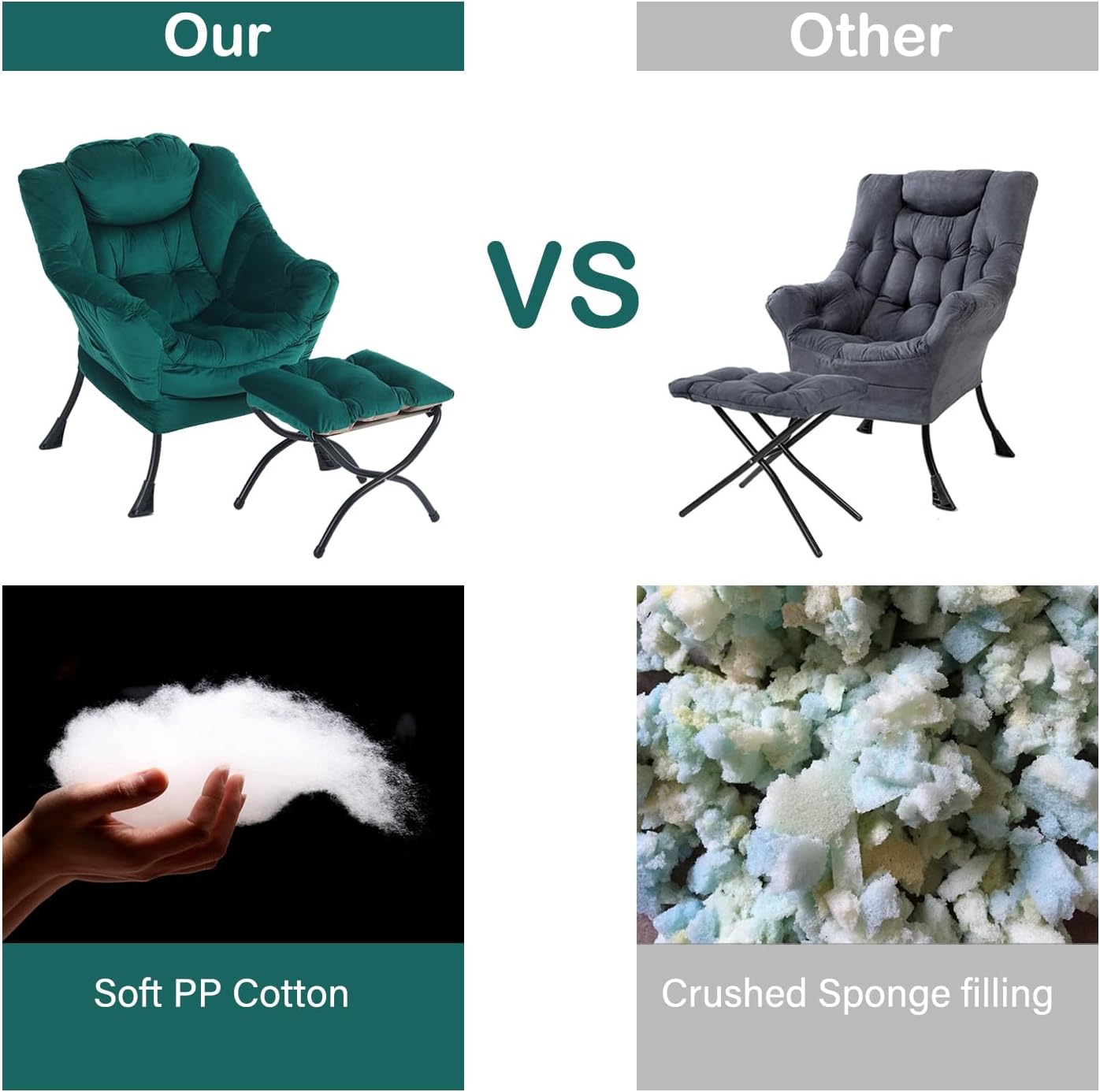 LITA Lazy Chair With Ottoman, Modern Accent Leisure Upholstered Sofa, Contemporary Lounge Reading With Armrests and Side Pocket for Living Room, Bedroom & Small Space, Dark Green