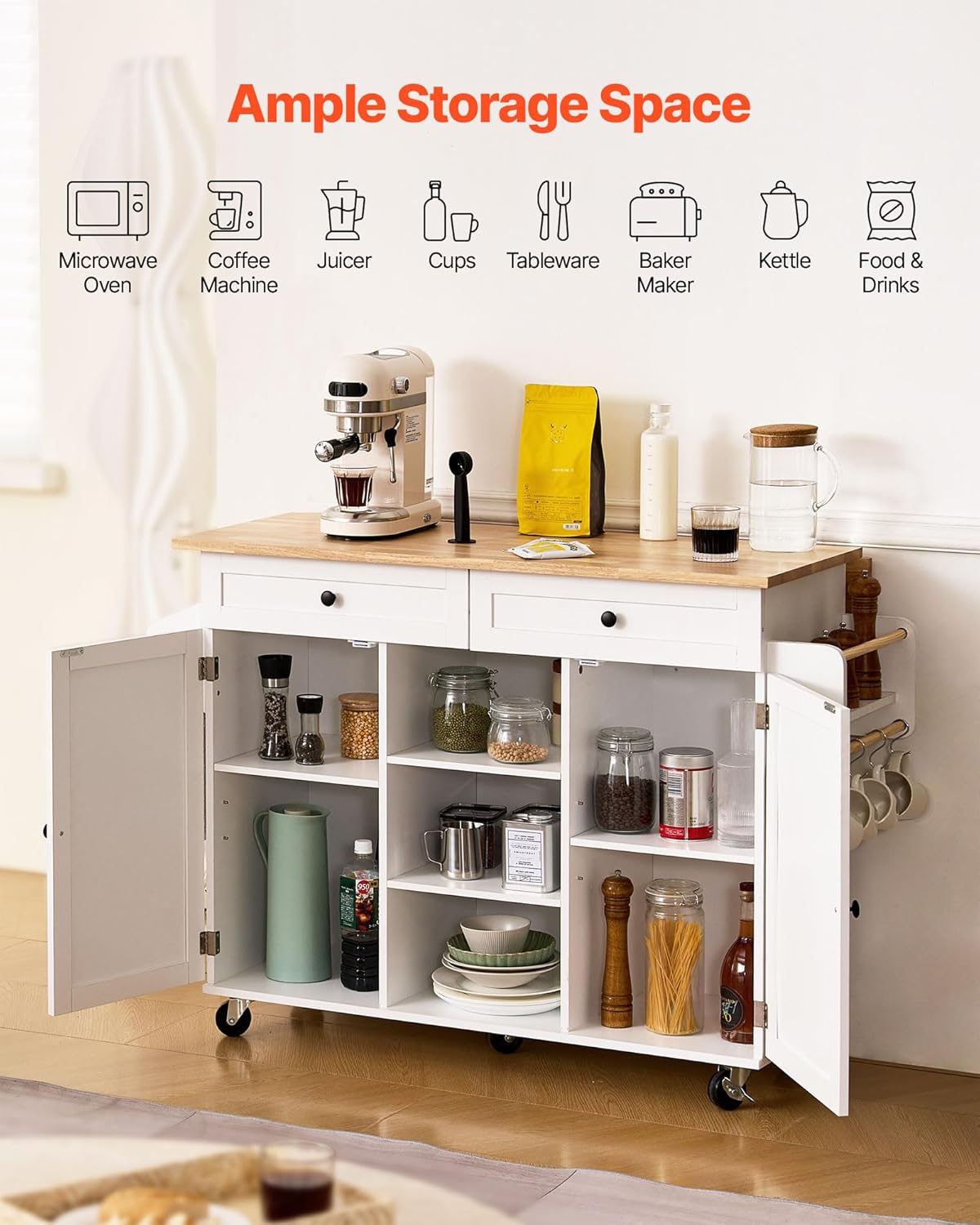 VEVOR Kitchen Island Cart, with Solid Wood Top and Storage Cabinet, Mobile Rolling Table with Drop Leaf, Drawers, Spice Towel Rack, Portable Islands on Swivel Wheels for Dining Room, 52in Width, White