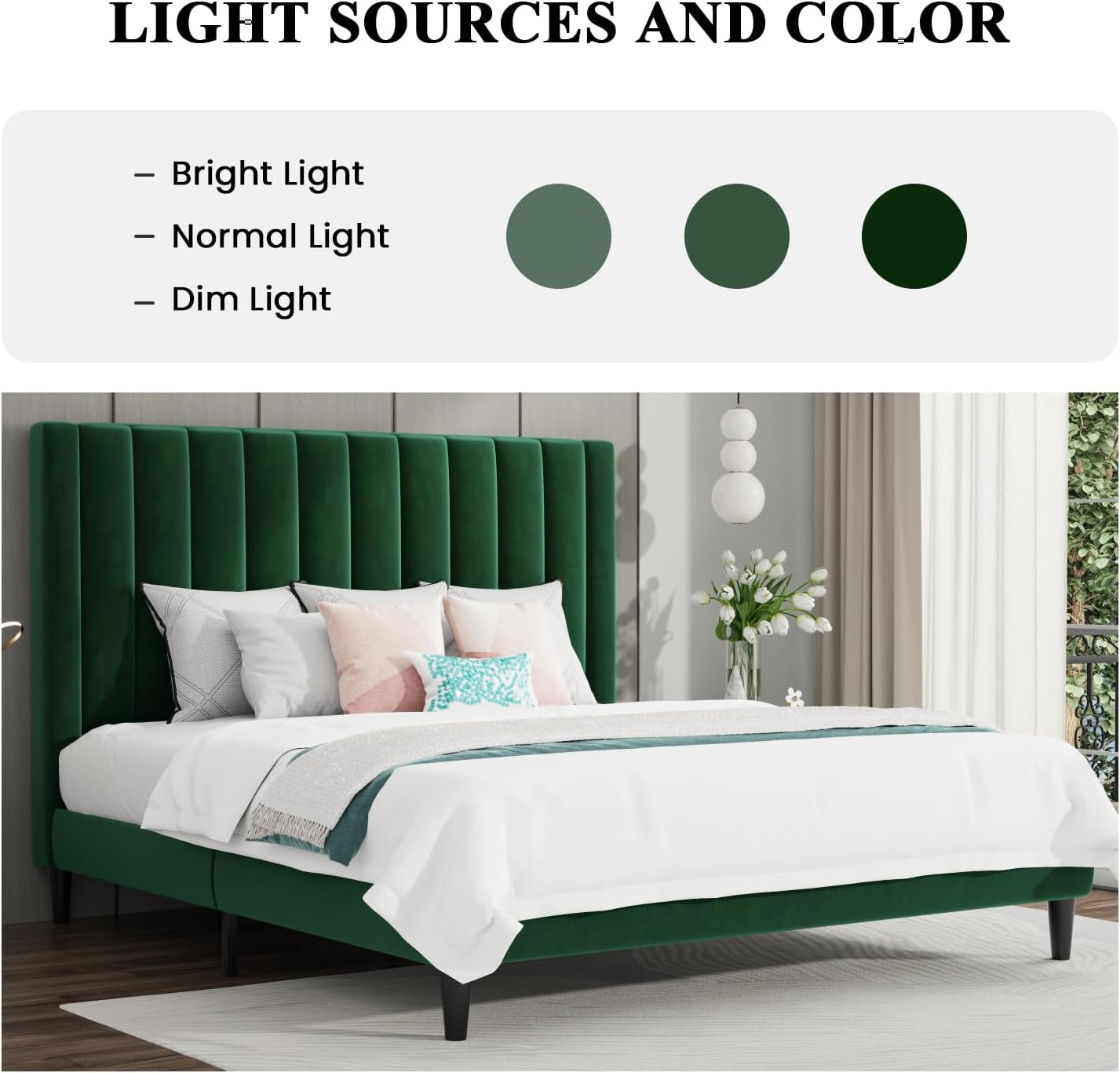 SHA CERLIN King Bed Frame/Velvet Upholstered Platform Bed Frame with Headboard/Strong Wood Slats Support/Mattress Foundation/No Box Spring Needed - Green