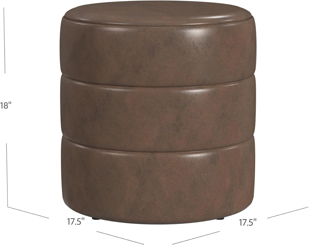 HomePop Upholstered Faux Leather Round Ottoman (No Lid, Seat Only) Home Décor | Round Pouf Foot Rest – Brown Faux Leather