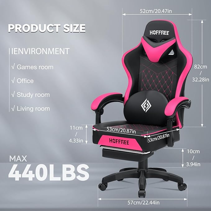 HOFFREE Gaming Chair with Speakers Massage Computer Gaming Chair with Pocket Spring Cushion for Adults Reclining Gamer Chair with Bluetooth Video Game Chairs with Footrest Pink and Black