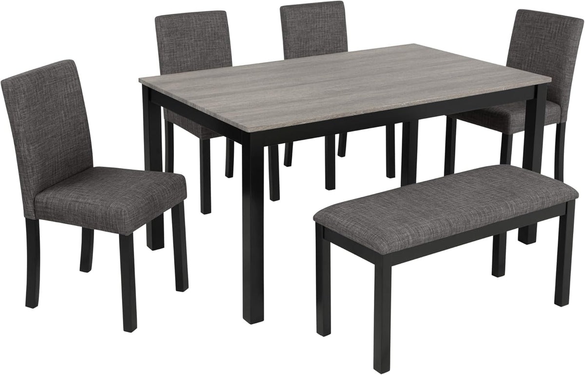 soges 6-Piece Kitchen Dining Table Set with Bench and Chairs, Dining Table Set for 6 with Bench, Wooden Table Set for Kitchen, Dining Room, Grey