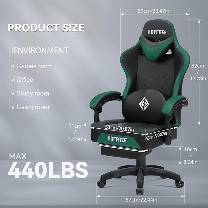 HOFFREE Gaming Chair with Speakers Massage Computer Gaming Chair with Pocket Spring Cushion for Adults Reclining Gamer Chair with Bluetooth Video Game Chairs with Footrest Green and Black