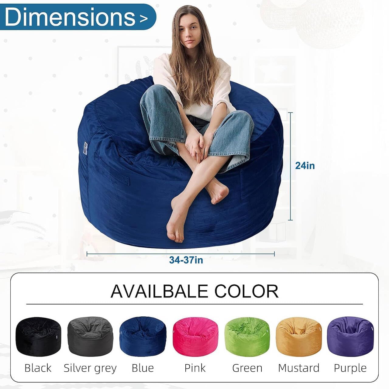 HABUTWAY Bean Bag Chair 3Ft Luxurious Velvet Ultra Soft Fur with High Rebound Memory Foam Bean Bag Chairs for Adults Plush Lazy Sofa with Fluffy Removable Sponge 3' (Blue)