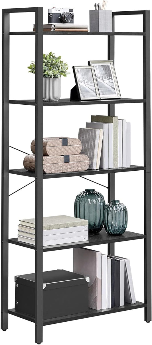 VASAGLE 5-Tier Bookshelf, Bookcase with Steel Frame, Book Shelf for Living Room, Home Office, Study, 11.8 x 26 x 60.2 Inches, Industrial Style, Ebony Black and Ink Black ULLS061B56