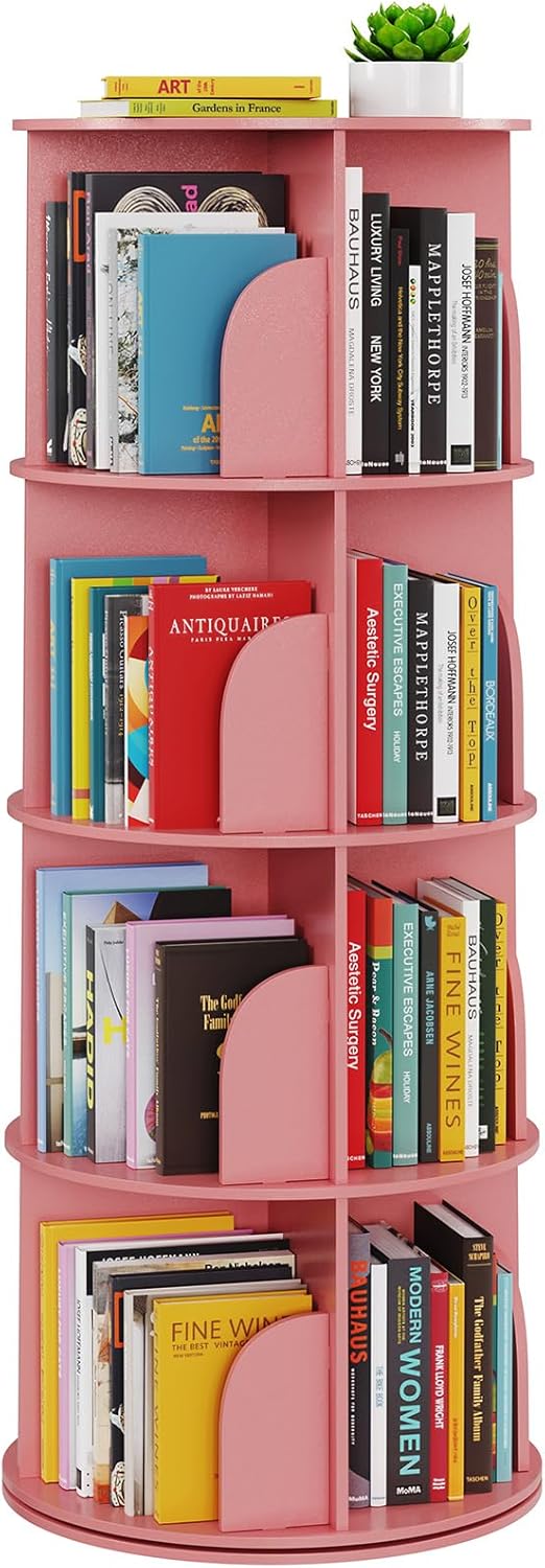 SpaceAid 4 Tier Rotating Bookshelf Tower, Spinning Bookcase Lazy Susan, Revolving 360 Book Shelf Storage Round Carousel, Vertical Rotate Turning Spiral Corner Organizer, Pink