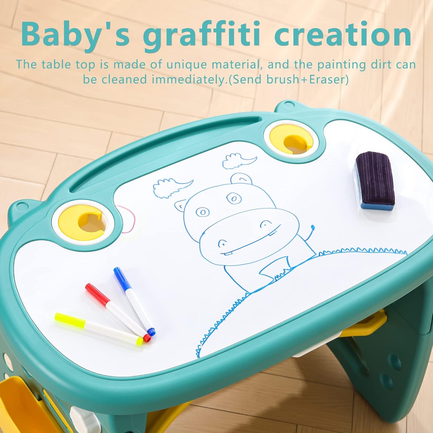 Kids Table and Chair Set The Table Can Be Graffiti and The Height Can Be Raised and Lowered for Children Age 2-10 The Order Includes Watercolor Pen and Blackboard Eraser