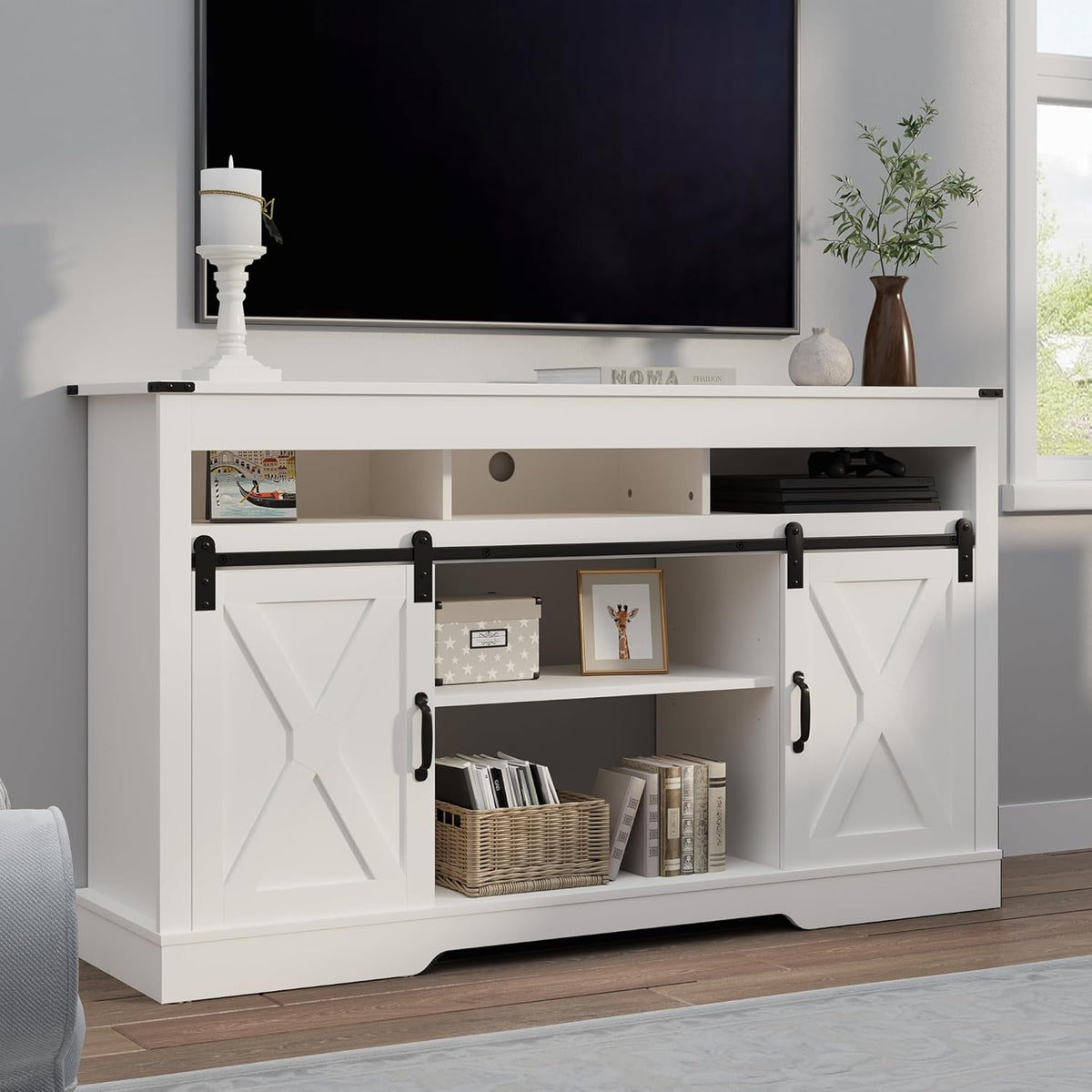 RoyalCraft Farmhouse TV Stand for 23" Fireplace, 34'' Tall Entertainment Center for 65+ Inch TV, 34" Tall Rustic TV Console with Sliding Bar Door for Living Room, White