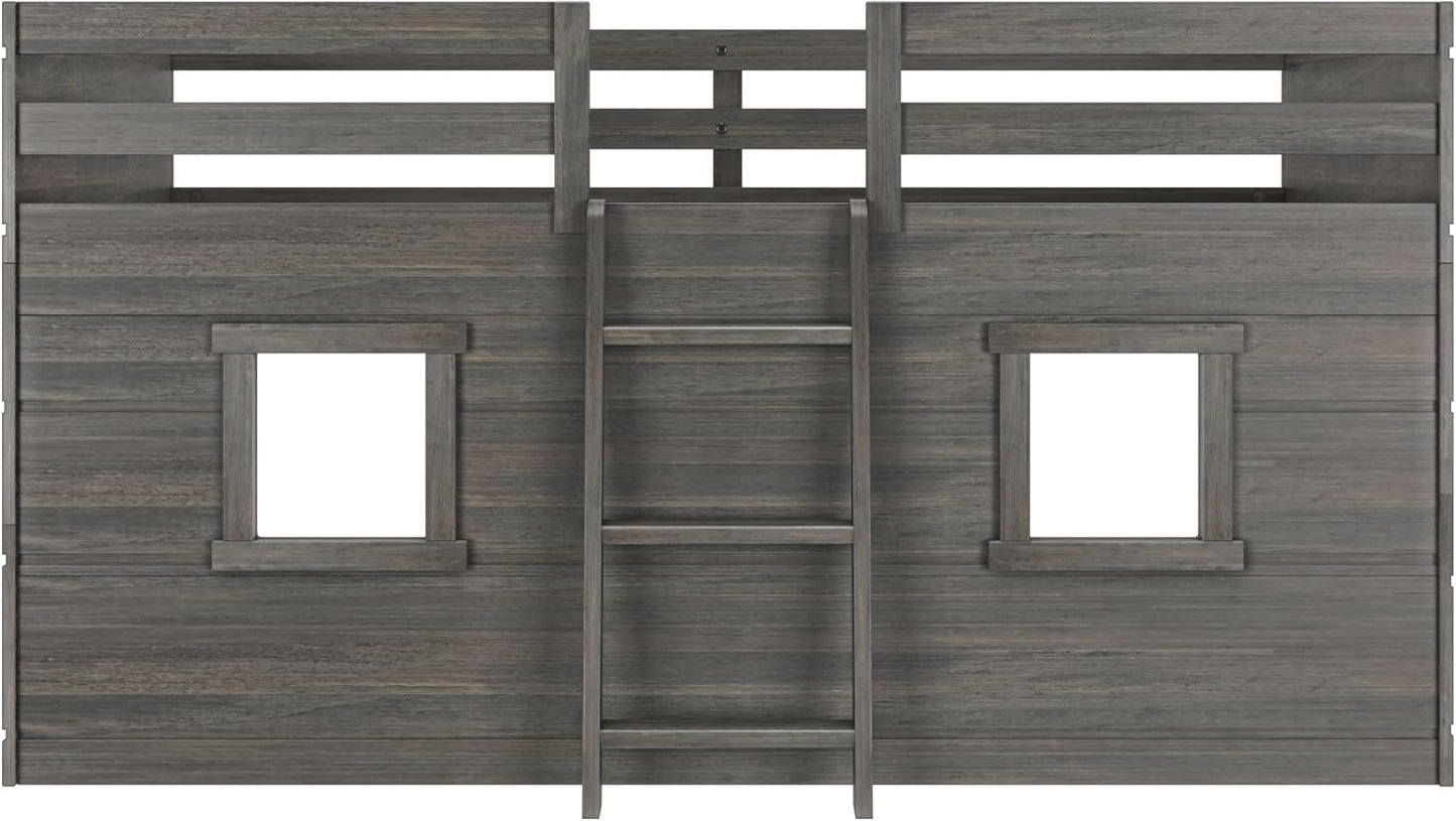 Max & Lily Modern Farmhouse Twin Low Loft Bed with Two Windows - Solid Wood, 15” Guardrails, 400-lb Capacity, Low-VOC Finish, Driftwood