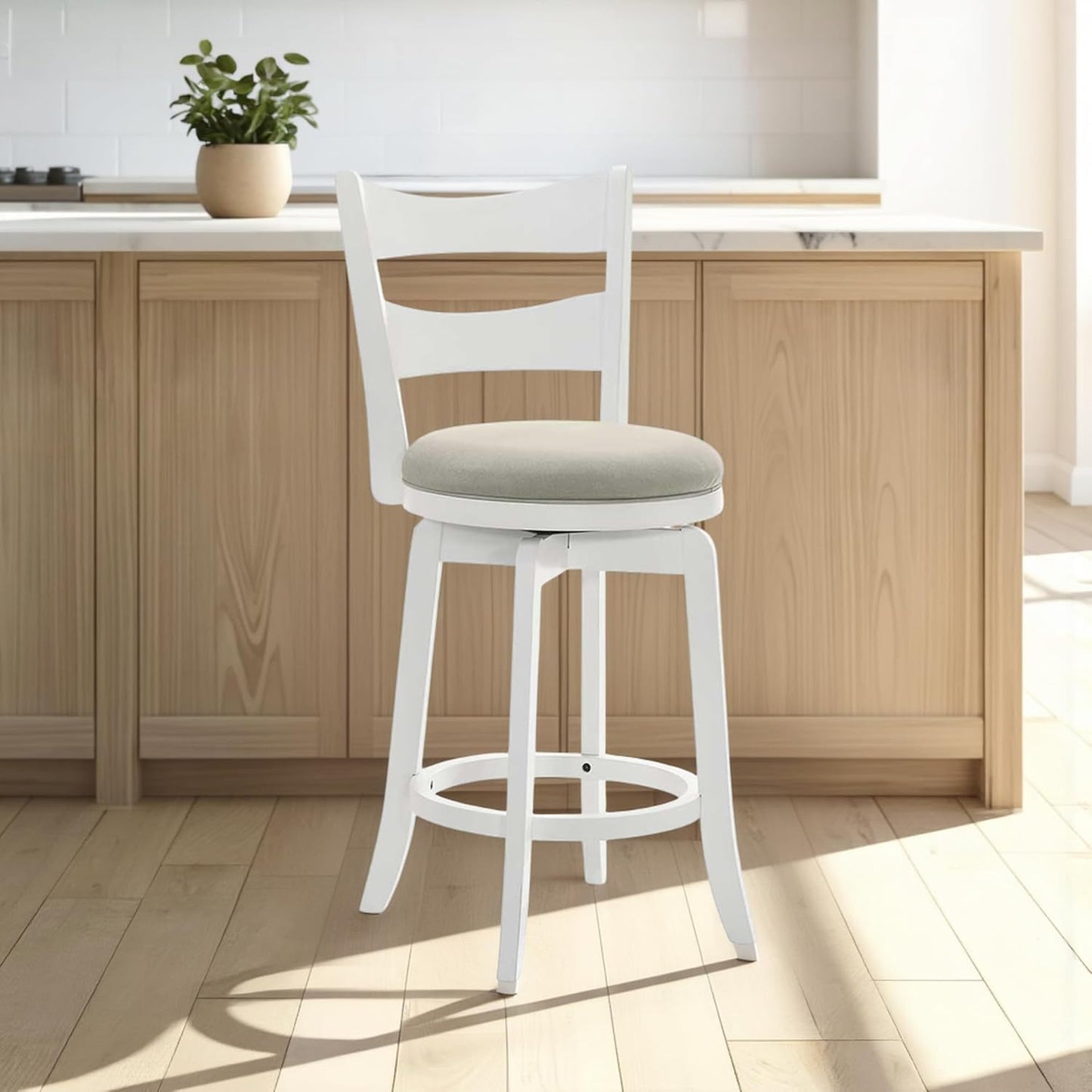 Armen Living Blair 26 in. Matte White Counter Height Rubberwood Swivel Barstool with Fog Fabric Seat - Set of 3