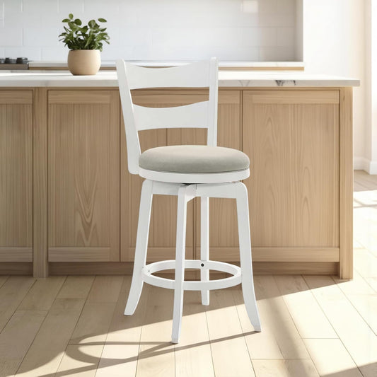 Armen Living Blair 26 in. Matte White Counter Height Rubberwood Swivel Barstool with Fog Fabric Seat - Set of 3