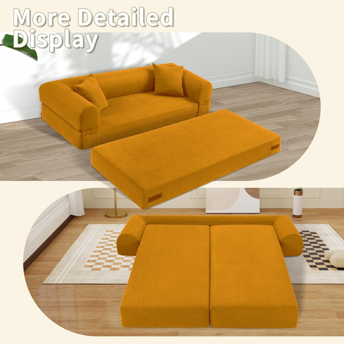 80" Convertible Sofa Bed, 3-in-1 Corduroy Folding Pull Out Couch with Pillows, No Assembly Modern Boneless Couch Compression Sofa in Box, Floor Sofa with Side Storage Pocket for Living Room, Yellow