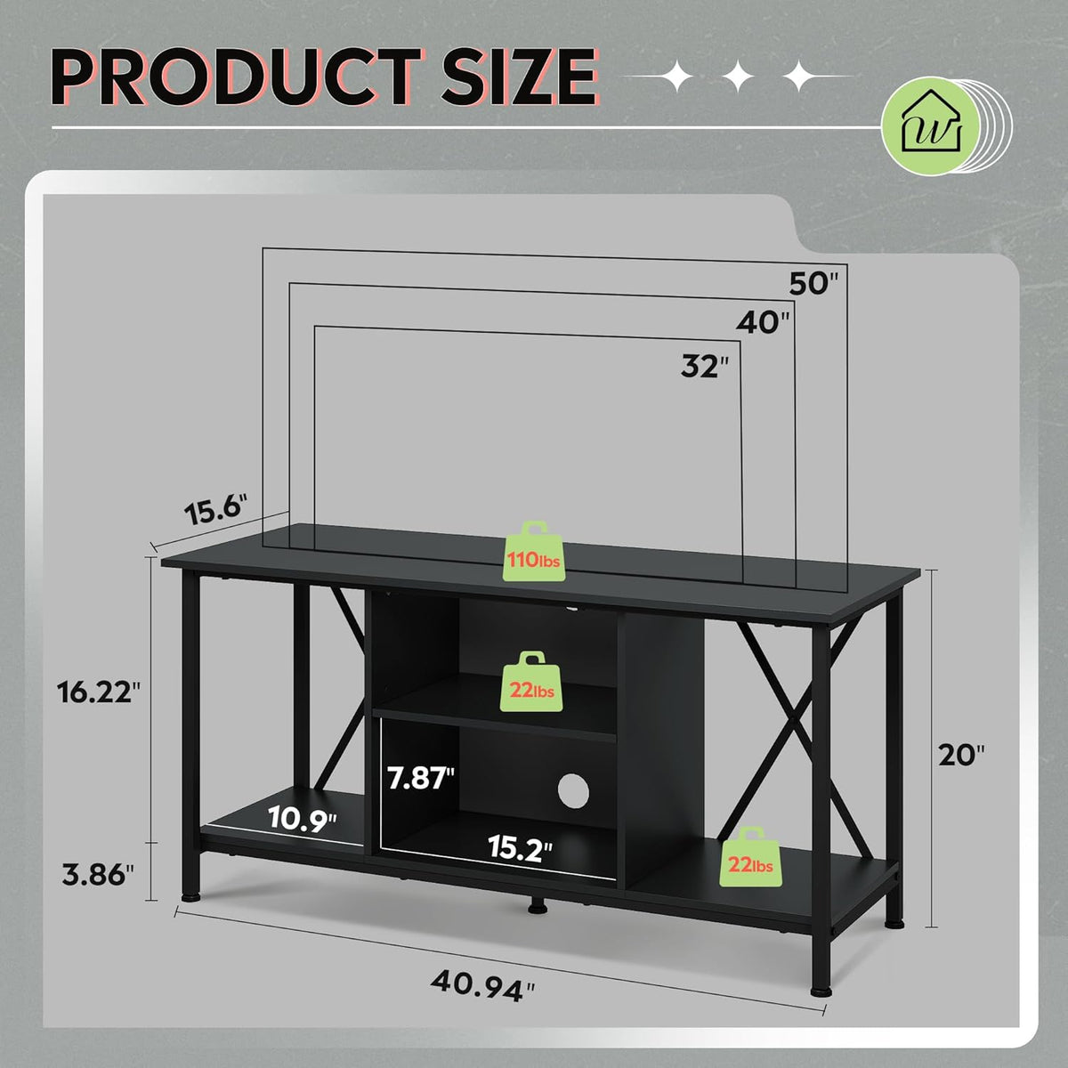 WLIVE TV Stand up to 45 Inch TV, 41" Entertainment Center with Open Storage Shelf for Living Room, Black
