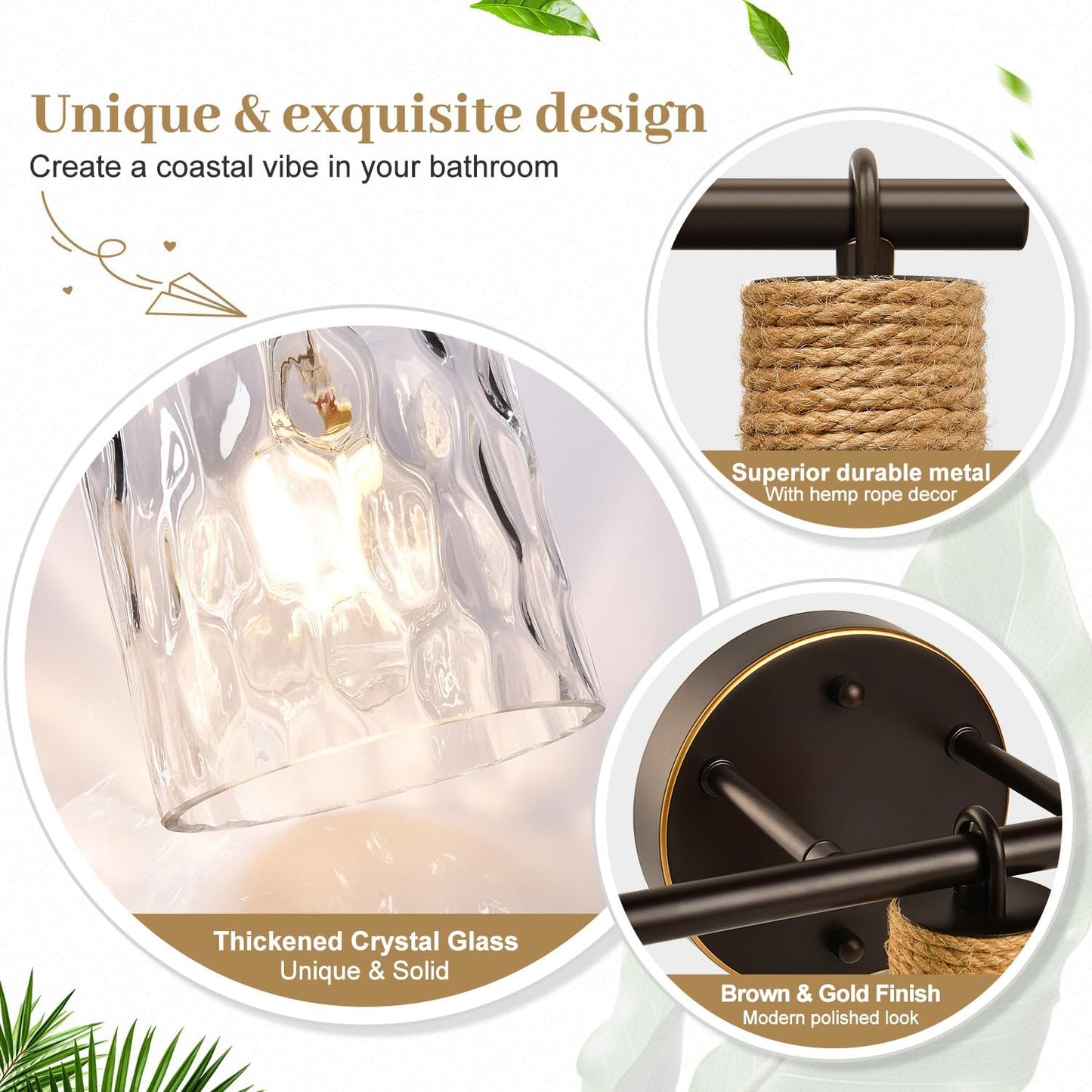 2025 Upgrade Bathroom Light Fixtures, 3-Light Coastal Vanity Lights with Crystal Glass Shade, Oil-Rubbed Bronze Bathroom Wall Lamp for Mirror Kitchen Hallway Cabinet