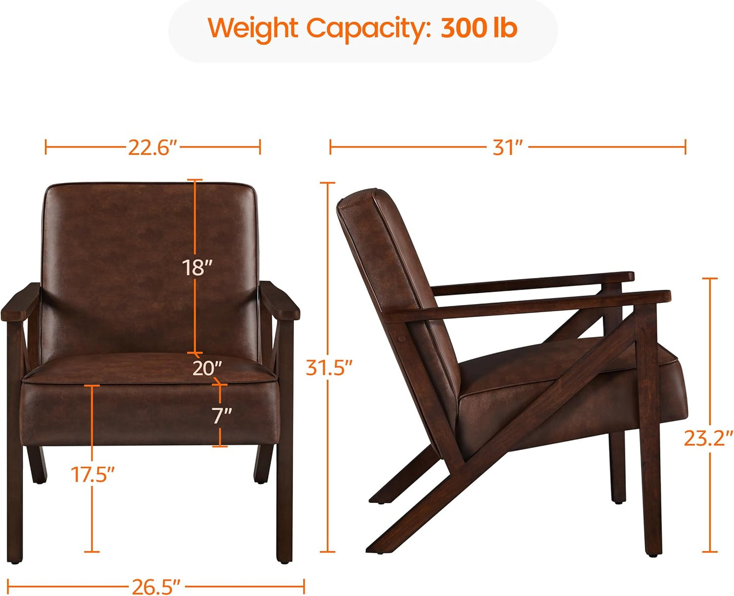 Yaheetech Accent Chair, Armchair with Strong Wood Frame, PU Leather Modern Retro Lounge Chair for Living Room/Lounge/Office/Reception Area, Dark Brown