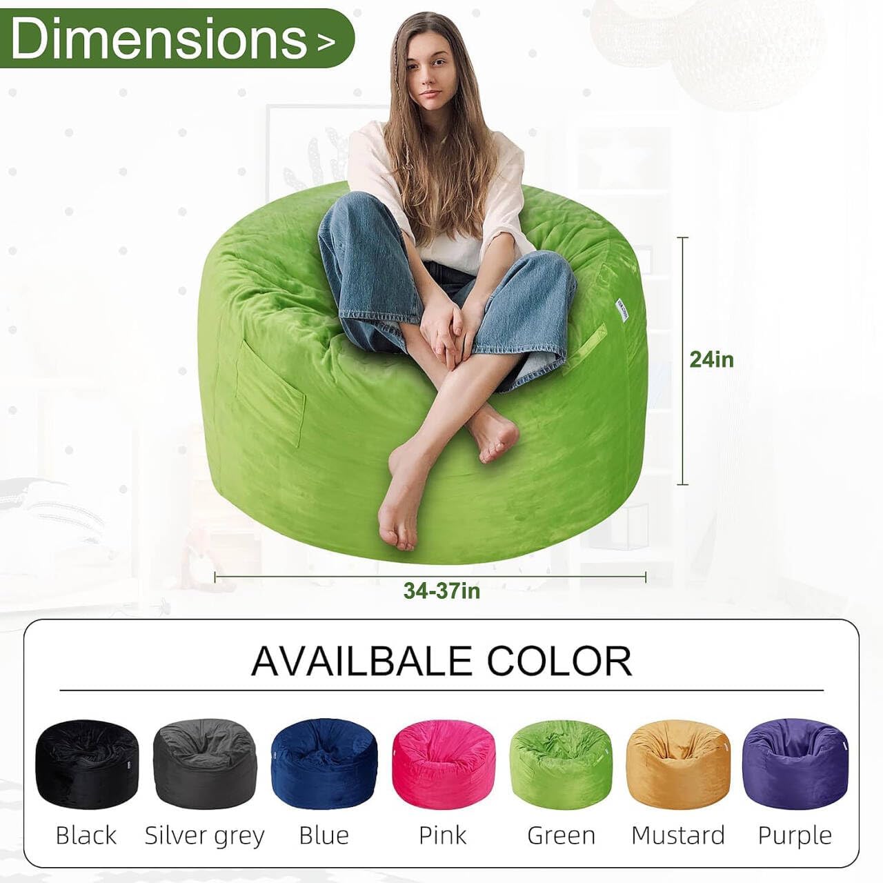 HABUTWAY Bean Bag Chair 3Ft Luxurious Velvet Ultra Soft Fur with High Rebound Memory Foam Bean Bag Chairs for Adults Plush Lazy Sofa with Fluffy Removable Sponge 3' (Lime)