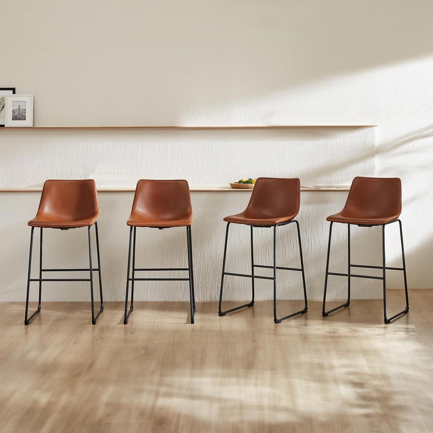 DUMOS 30 Inch Counter Height Bar Stools Set of 4, Modern Faux Leather High Barstools with Back and Metal Leg, Bar Chairs for Kitchen lsland, Elegant Brown