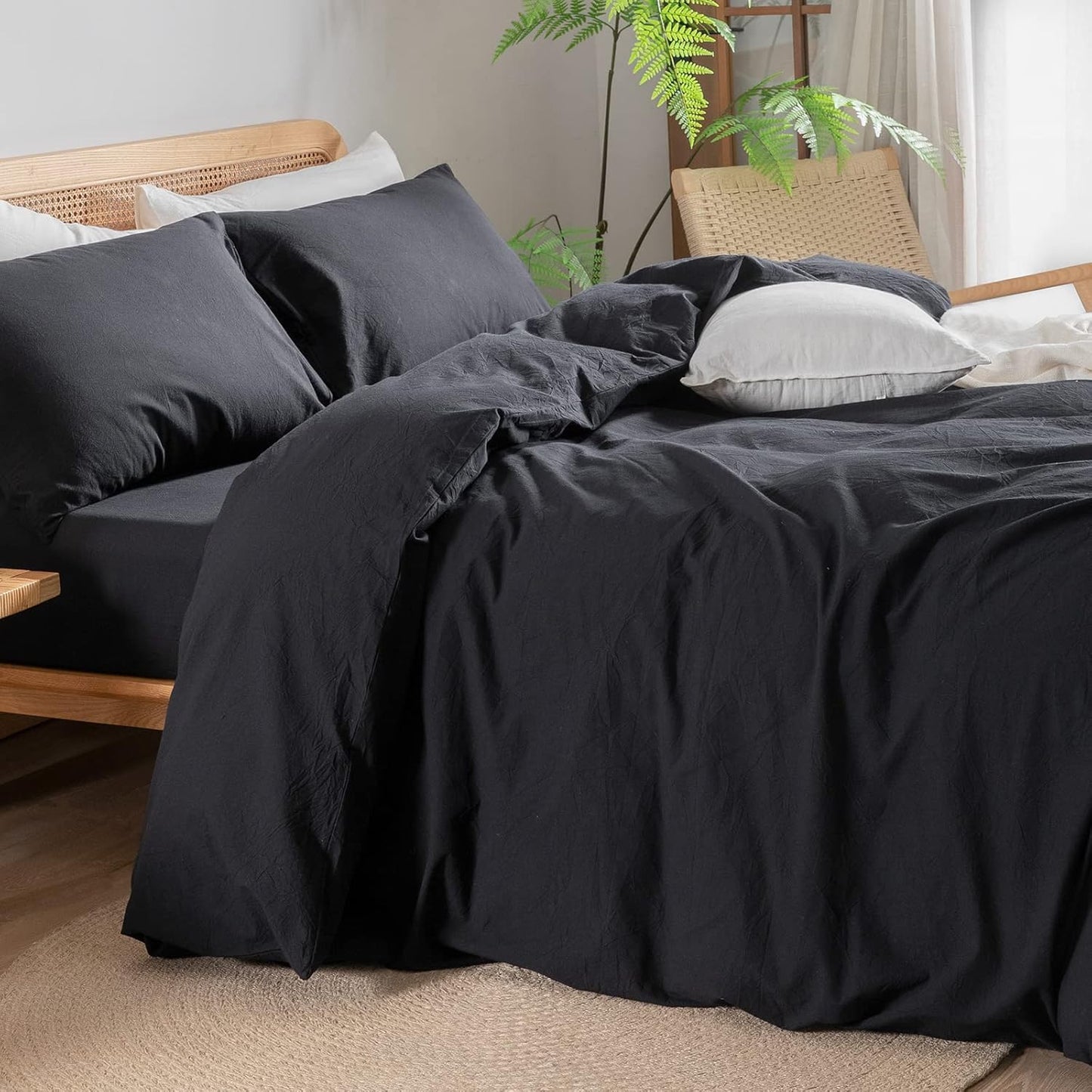 BESTOUCH Duvet Cover Set 100% Washed Cotton Linen Feel Super Soft Comfortable Chic Lightweight 3 PCs Home Bedding Set Solid Deep Black Super King