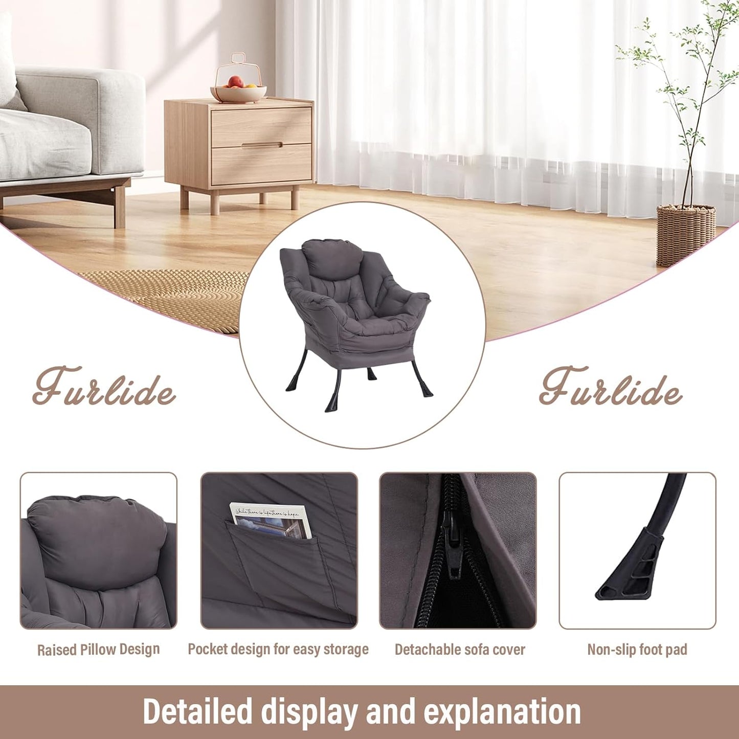 Lazy Chair for Living Room, Modern Accent Chairs with Armrests, Comfy Lounge Chair with Side Pocket, Cozy Lazy Sofa for Reading, Balcony, Bedroom, Dorm, Small Spaces (Dark Grey)