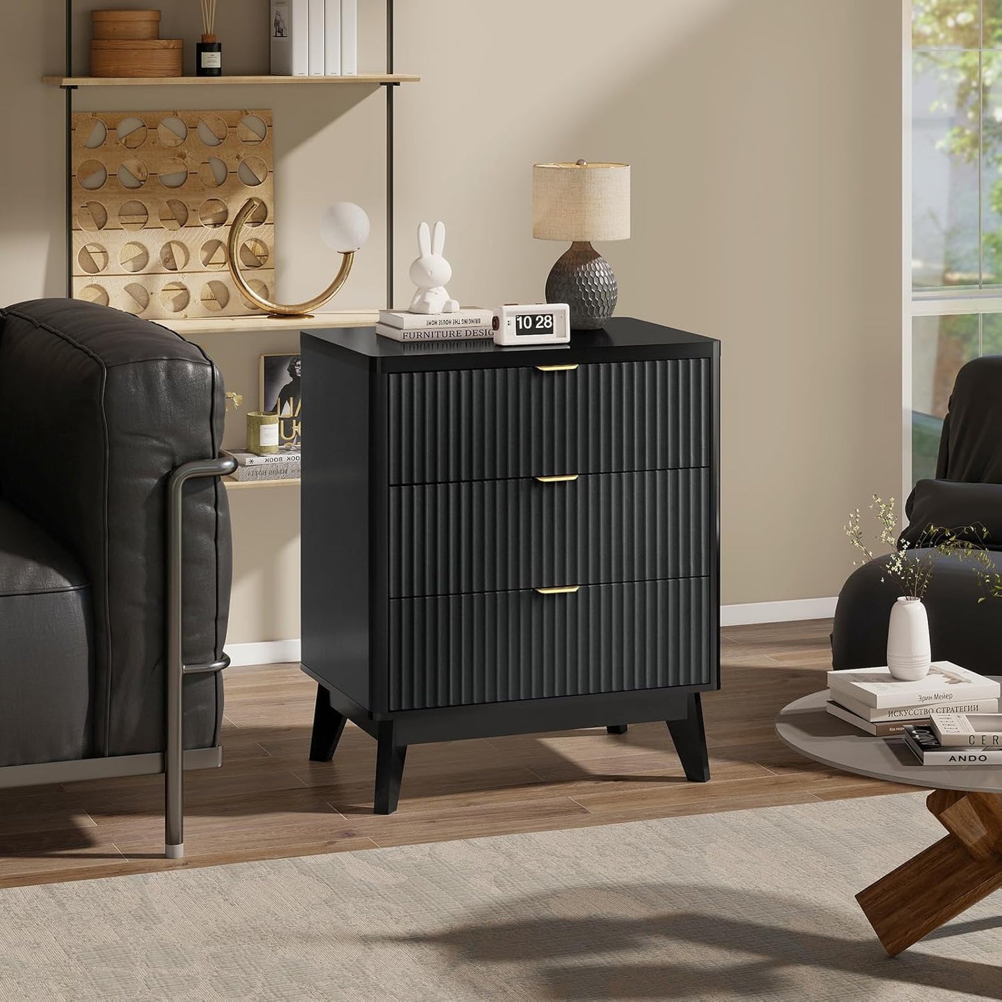 LYNCOHOME Fluted Nightstand with 3 Drawers Dresser, Modern Wood Chest of Bedside Table with Curved Profile, Fluted Dresser & Wood Drawer Organizer for Bedroom