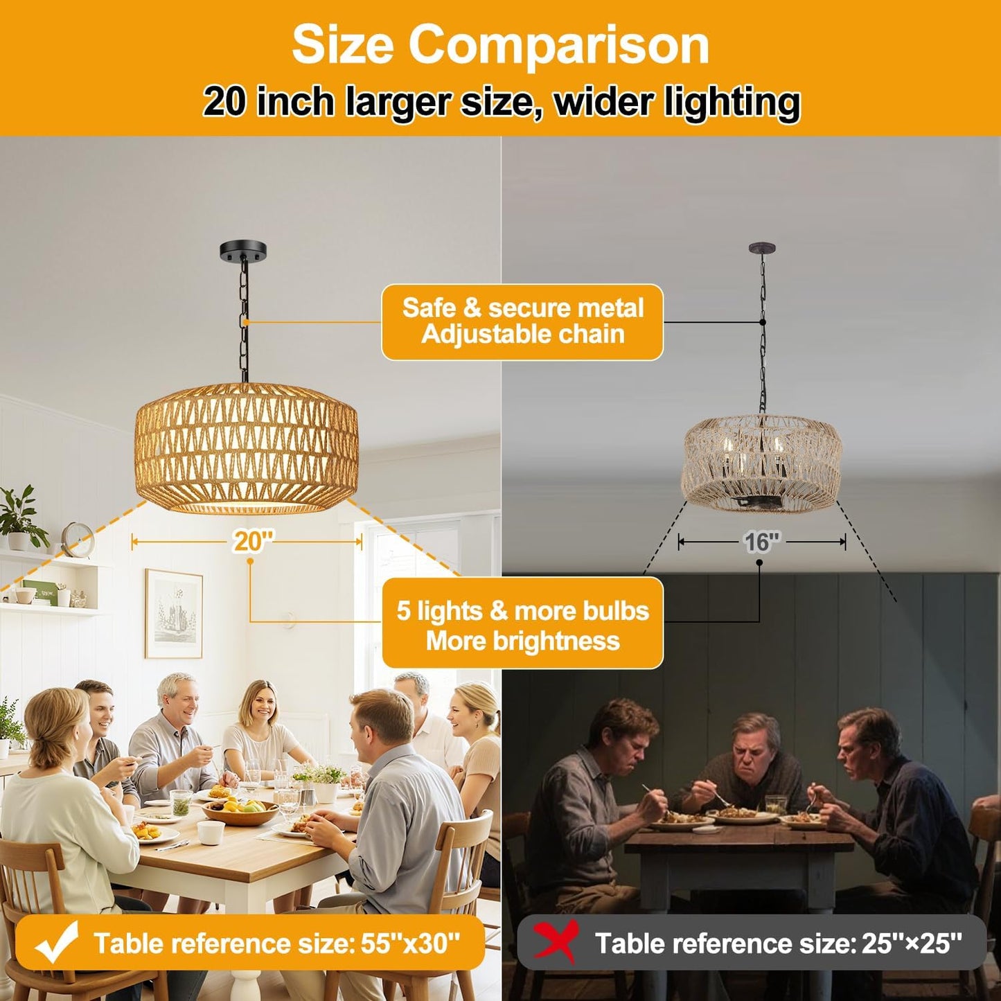 Farmhouse Chandelier Light Fixture, 5-Light Rattan Boho Chandeliers for Dining Room, Hand Woven Pendant Light with Linen Shade, Rustic Hanging Lighting for Kitchen Island, Bedroom (Bulb Not Included)