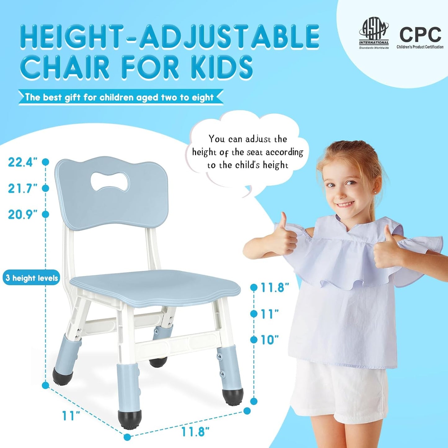 Kids Height Adjustable Toddler Chair Max Load 220LBS Plastic Indoor Outdoor for Children Age 1-6 School Home Daycare Use Bluegrey