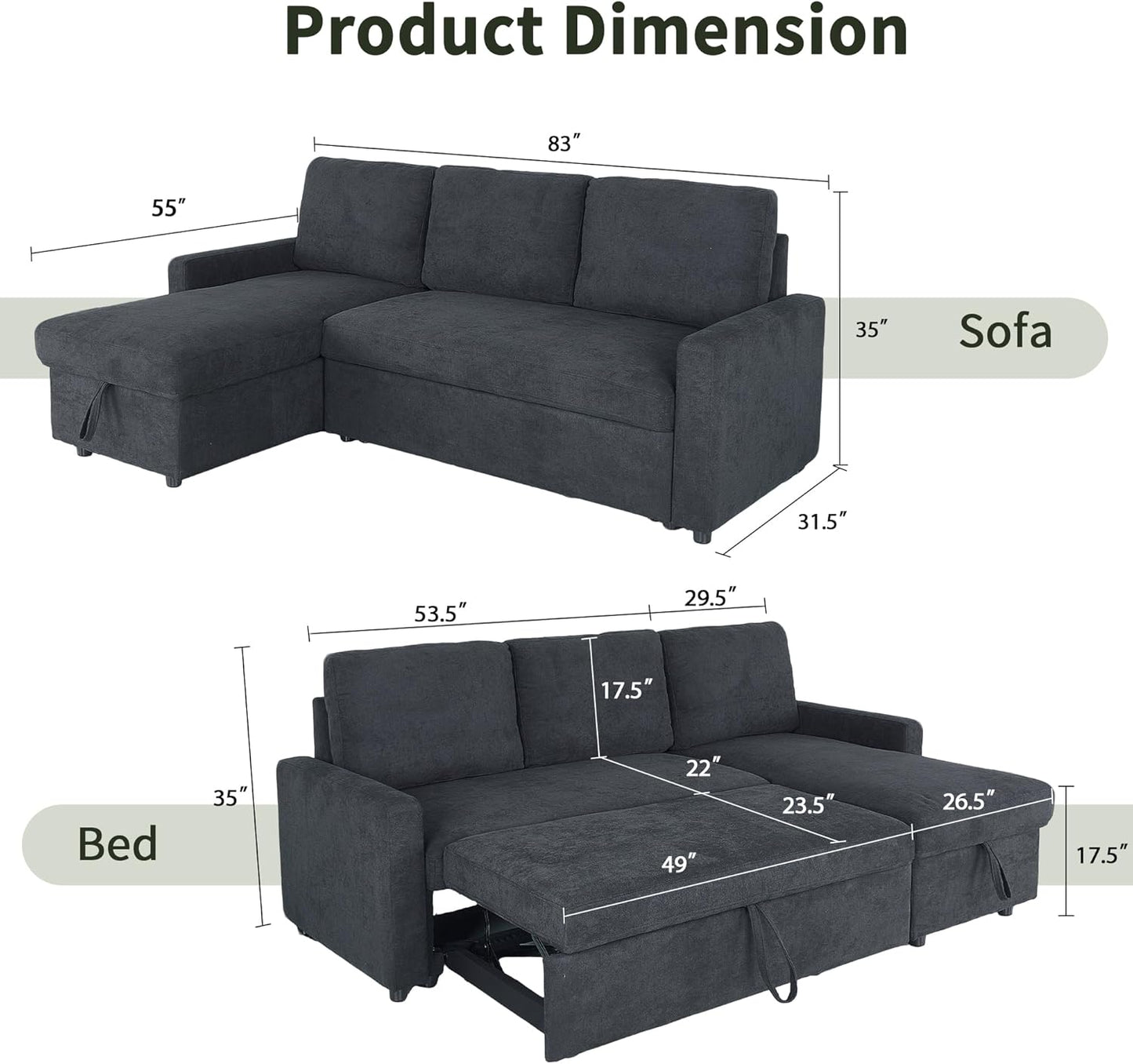 83" Pull Out Sleeper Couch with Storage Chaise, Couch, Sofa Bed, Convertible L Shaped Sofa for Living Room, Apartment, Dark Grey