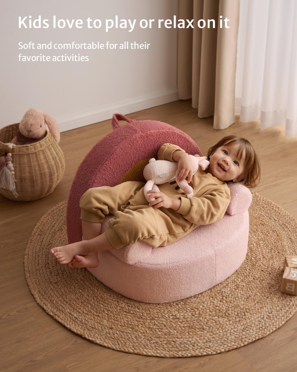 Blissful Diary Toddler Chair Comfy, Foam Kids Chair with Soft Teddy Plush, Toddler Reading Chair with Cute Arclet Designs- Blush Pink