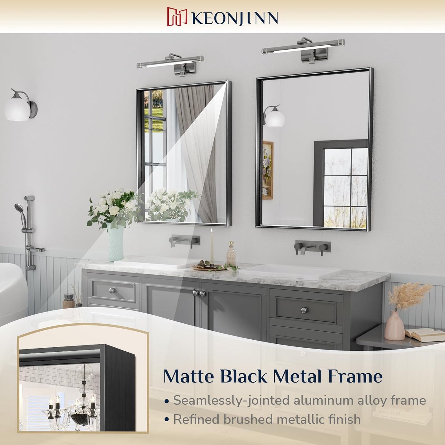Keonjinn Black Bathroom Vanity Mirror 28 x 36 Inch Rectangle Wall Mirror Metal Framed Farmhouse Mirror Brushed Square Corner Bathroom Mirror for Over Sink, Modern Black Mirror(Horizontal/Vertical)