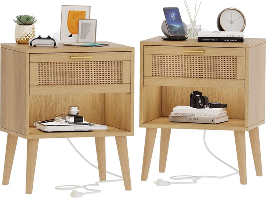 Irontar 17.7''L Nightstand Set of 2, Bedroom Night Stand with Charging Station & Rattan Drawer, Boho Style Bed Side Tables with Solid Legs, Accent End Table with Open Storage, Natural BZZ007ME02