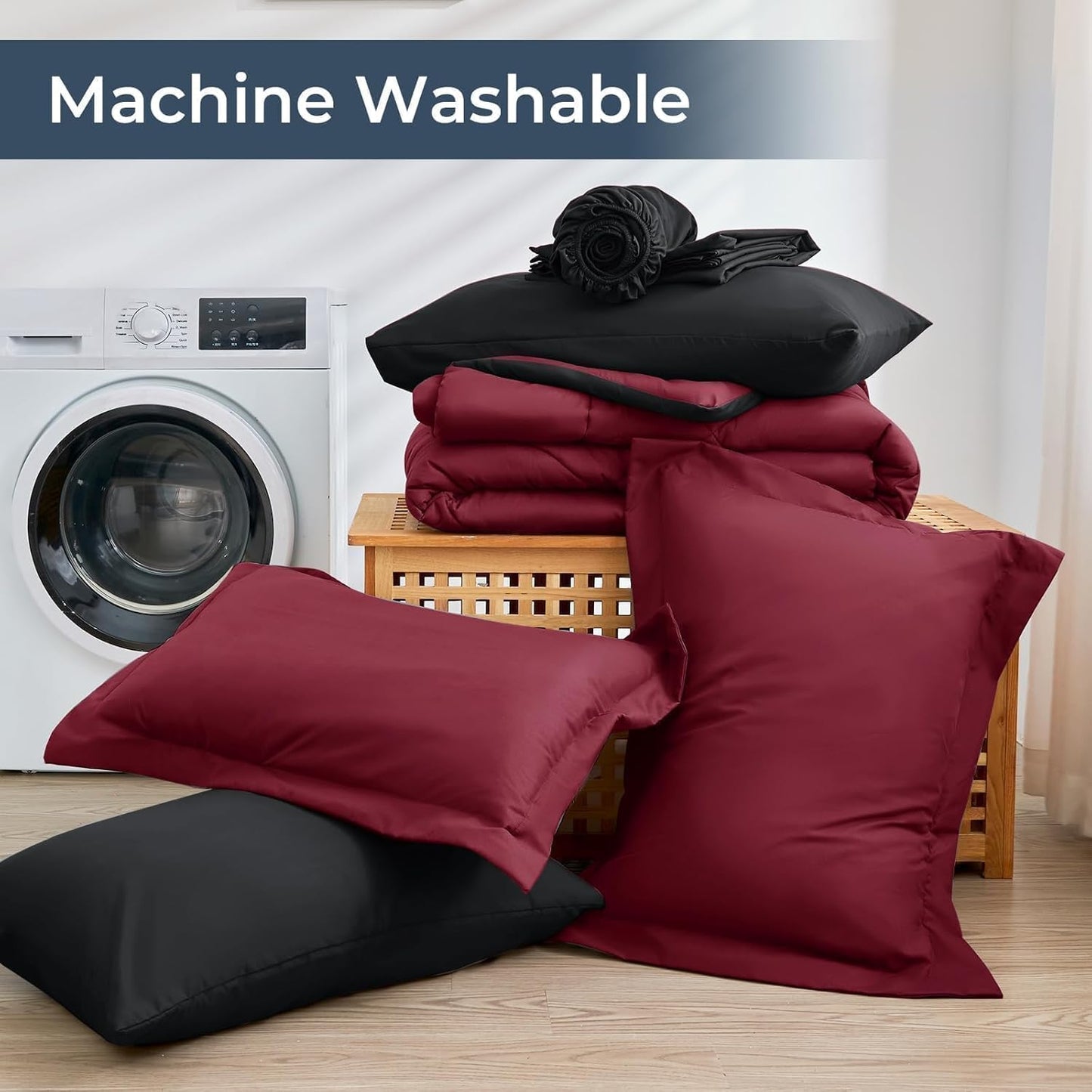 HEVUMYI Red & Black Cali-King Comforter Set - 7-Piece All Season Bed in a Bag Cali-King, Ultra Soft Burgundy Bedding Set with Comforter, Flat Sheet, Fitted Sheet, Pillowcases, Pillow Shams, Burgundy