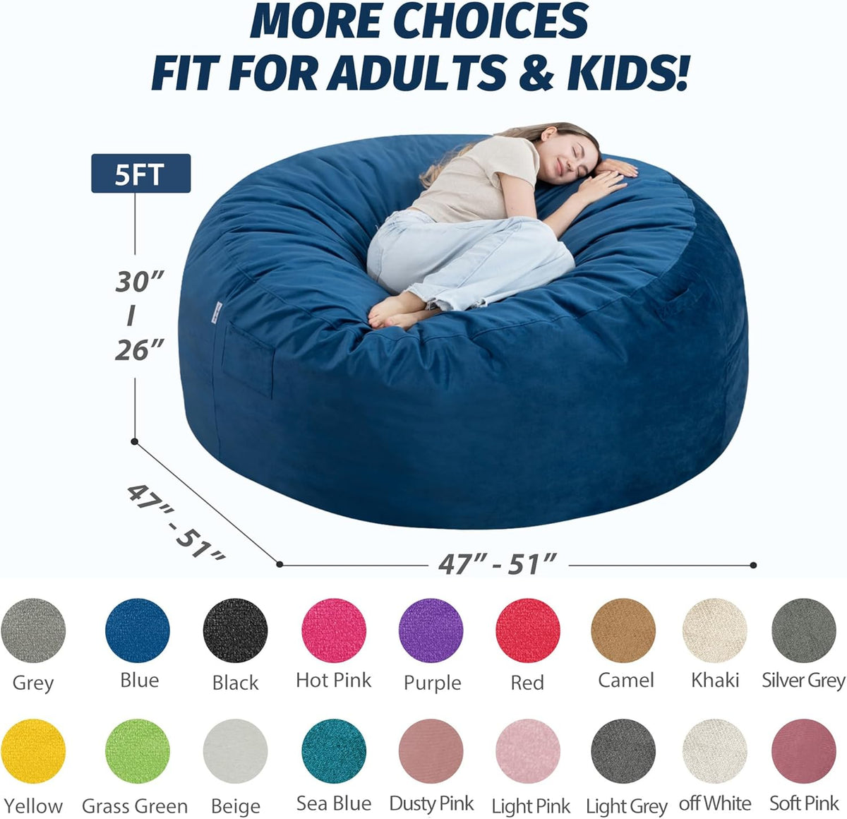 5FT Bean Bag Chair with Ultra Soft Velvet Cover Bean Bag Sofa with Memory Foam Bean Bag Chairs with Large Size Lazy Sofa for Dorm Office Living Room Bedroom Blue 5'