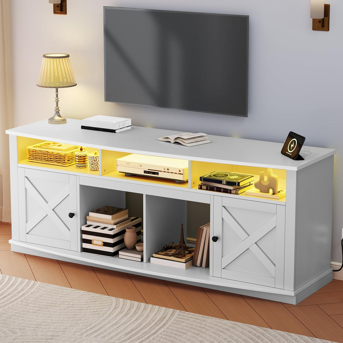 YITAHOME TV Stand for 75/80 Inch TV, White Entertainment Center 70 Inches Wide, Media Furniture TV Table with with Power Outlet, TV Consoles for Living Room, Curved Desktop