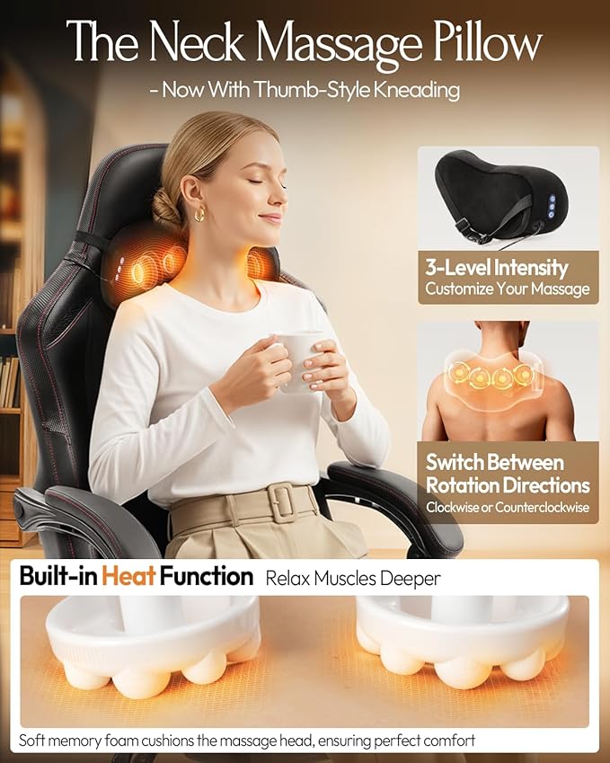 Dowinx Gaming Video Gaming Chair with Shiatsu Neck Massage and Lumbar Support for Home Office High Back Recliner Height Adjustable Ergonomic Comfy Leather Computer Desk Chair (Black)