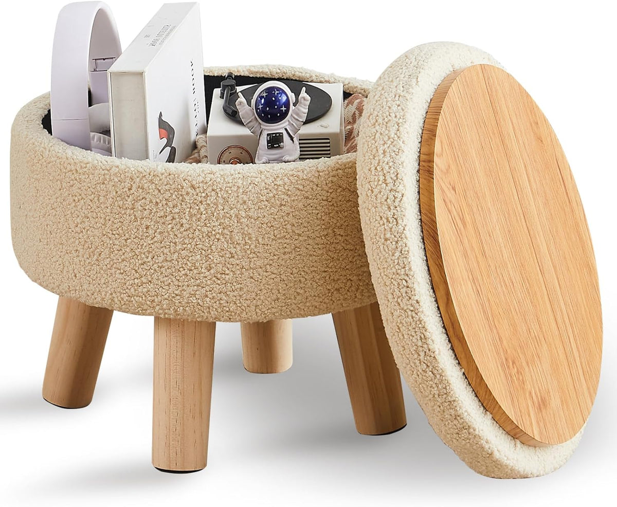 Wimarsbon Storage Ottoman, Modern Round Footrest with Soft Padded Seat, Teddy Velvet Footstool with Wood Legs, Accent Small Table or Plant Stand for Hallway, Living Room (Off-White)