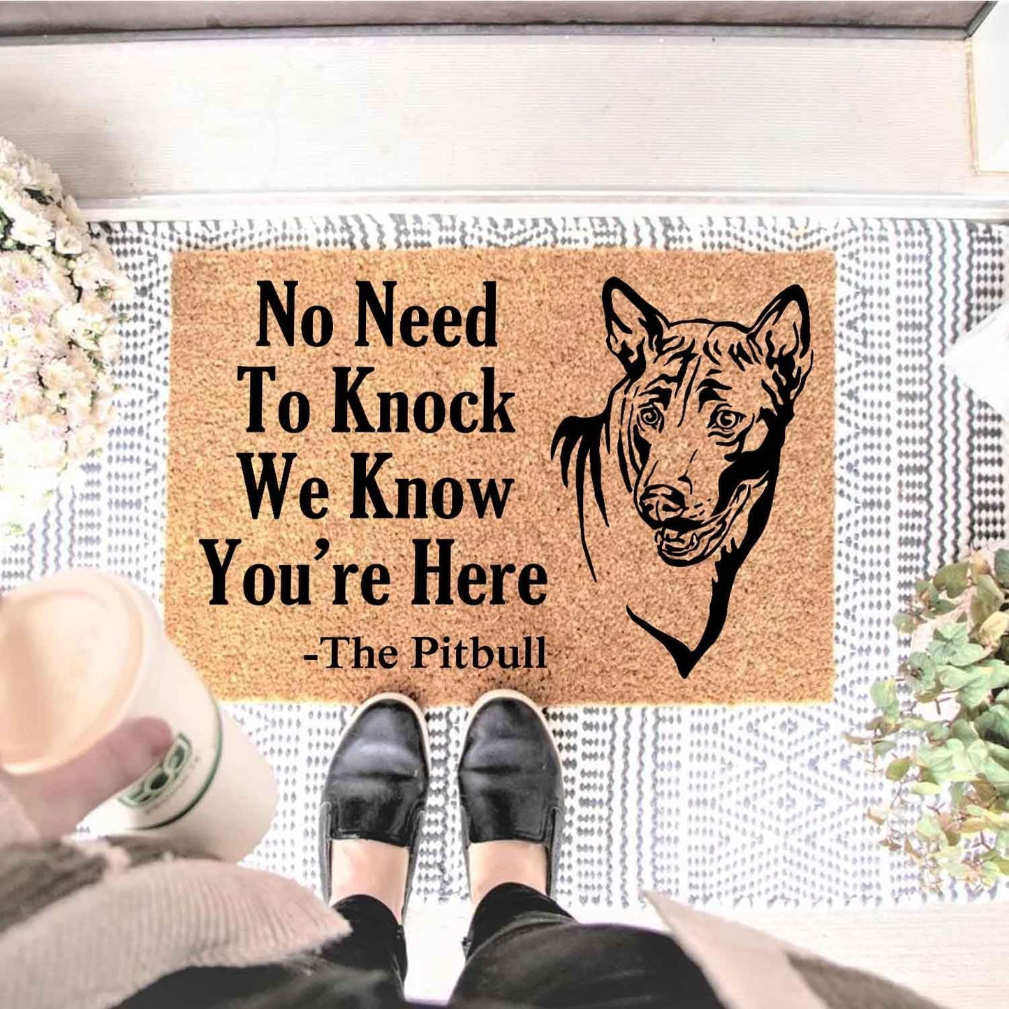 Funny Coir Doormat with The Pitbull Dog We Know You are Here - Front Door Mat, Entryway Welcome Mat, 23.7 x 15.7 inch