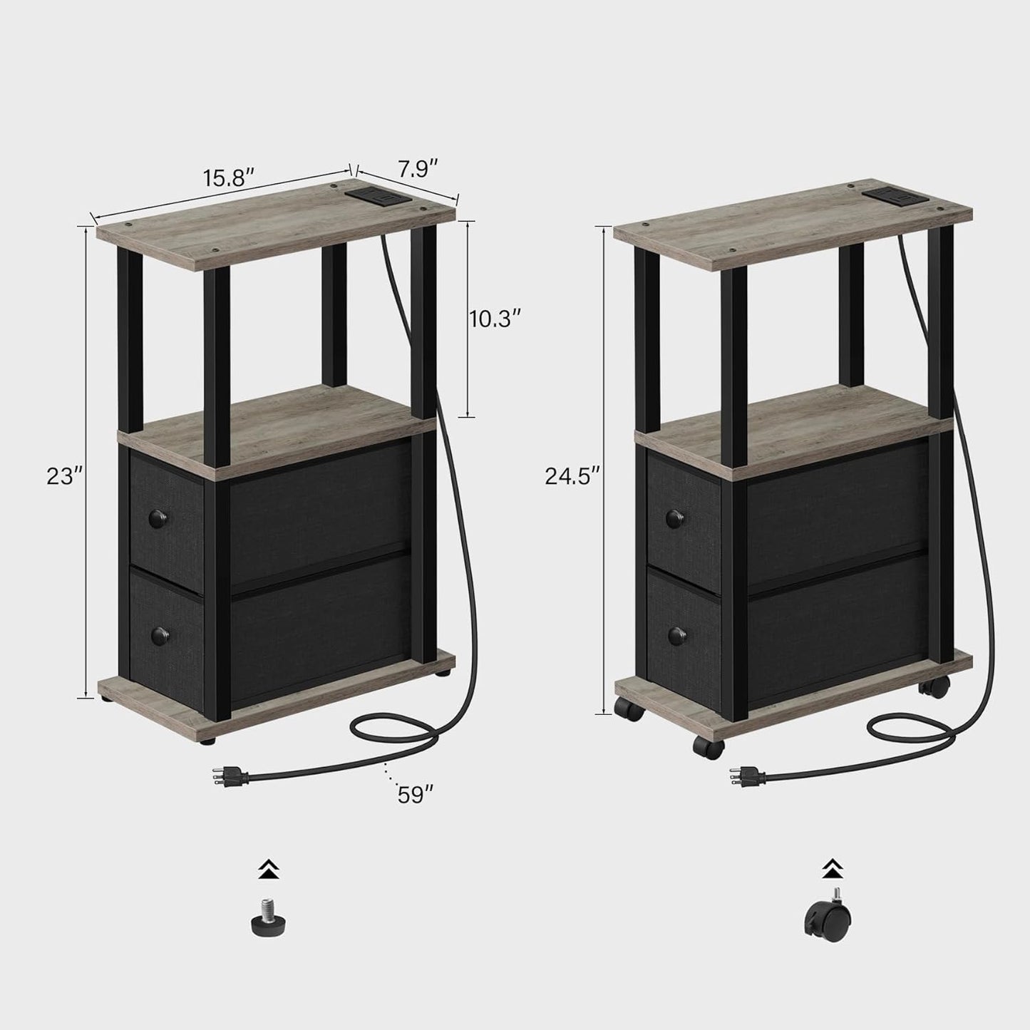 TUTOTAK Small Narrow End Tables, Side Tables with 2 Fabric Drawers, Set of 2, Bedside Tables with Charging Station for Small Spaces, Slim Nightstands with USB Ports and Wheels, TB01BG053