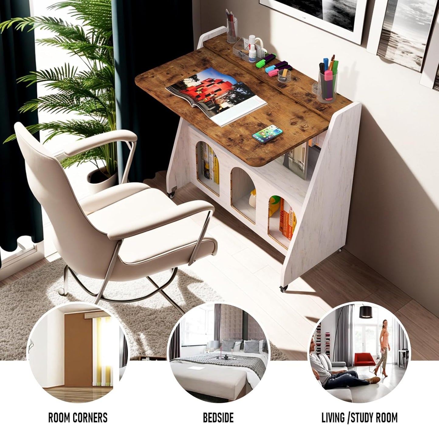 Pmnianhua Home Office Desk with Wheels,Multipurpose Mobile Workstation,Rolling Computer Writing Desk with 4 Lockable Wheels and Storage(Rustic Brown)