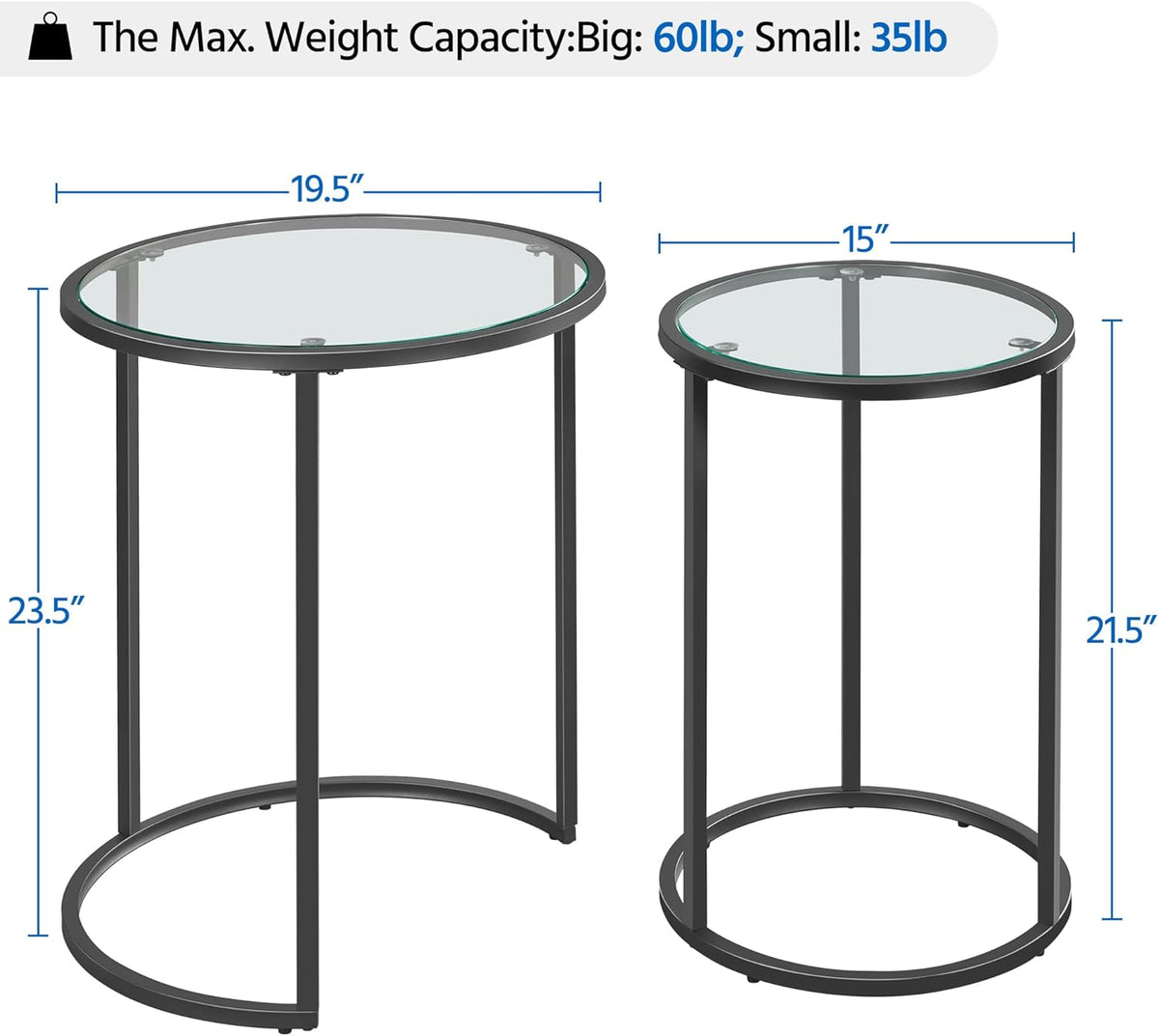 Yaheetech Round Nesting End Table Set of 2,Stacking Side Tables,Coffee Tables Set w/Metal Frame & Glass Top & Protective Foot Pads for Small Space, Living Room, Office- Black