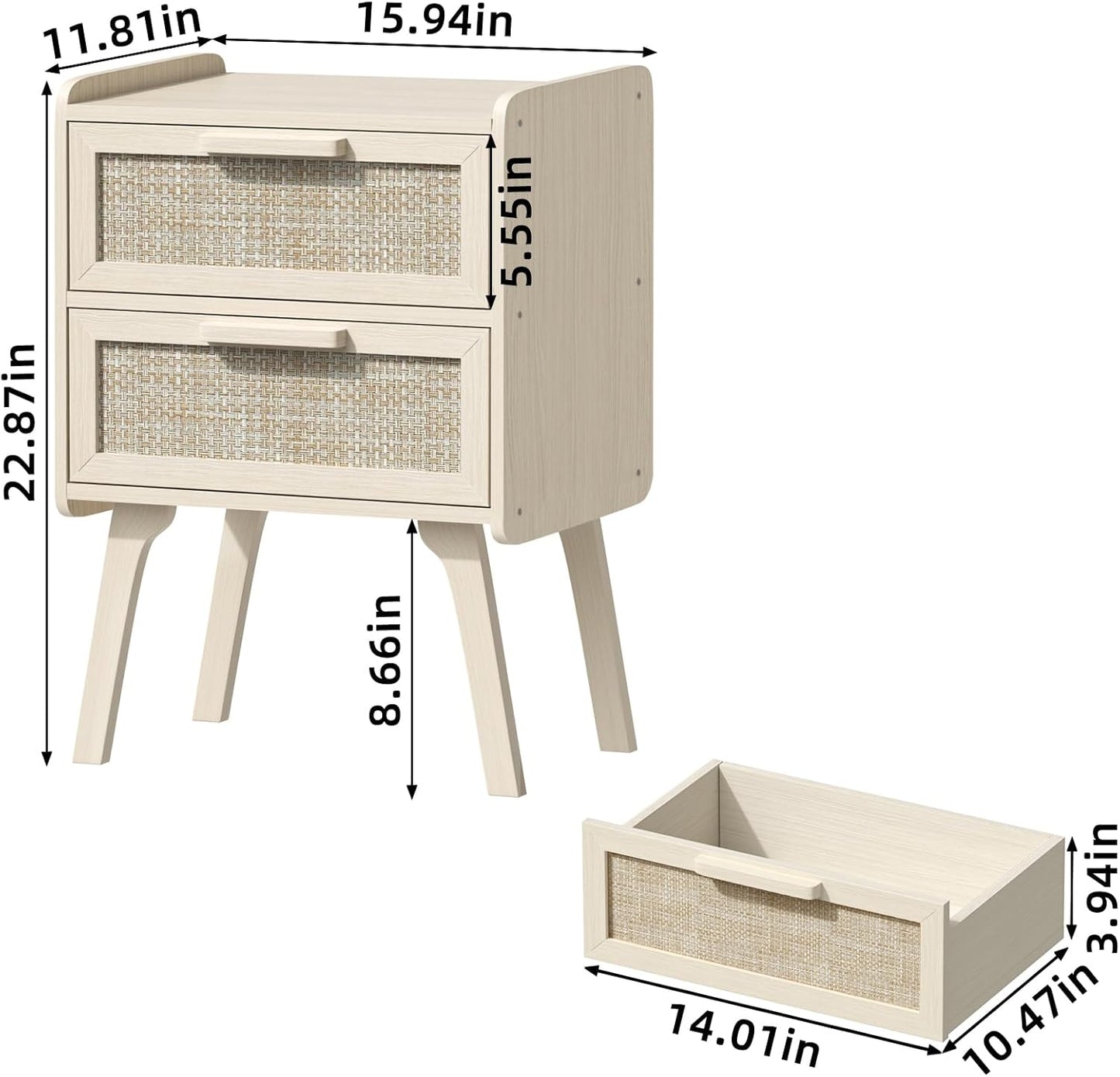 Lerliuo Rattan Nightstand, Boho Night Stand with 2 Drawers, Cane Accent Side End Table, Bedside Table with Solid Wood Legs for Bedroom, Dorm and Small Spaces (White)