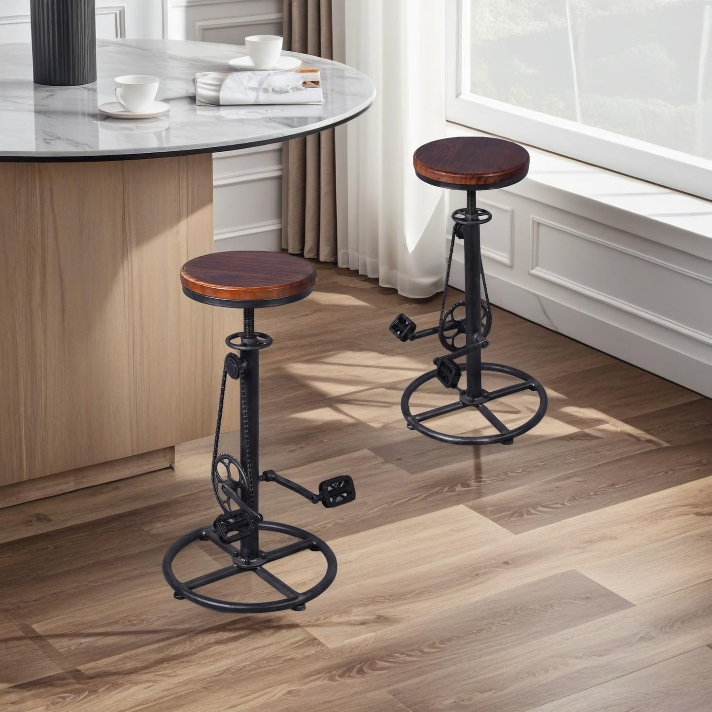 Set of 2 Industrial Bar Stool-Swivel Vintage Coffee Kitchen Dining Island Chair-Bike Pedal Footrest-Extra Tall Pub Height Adjustable 29-37"