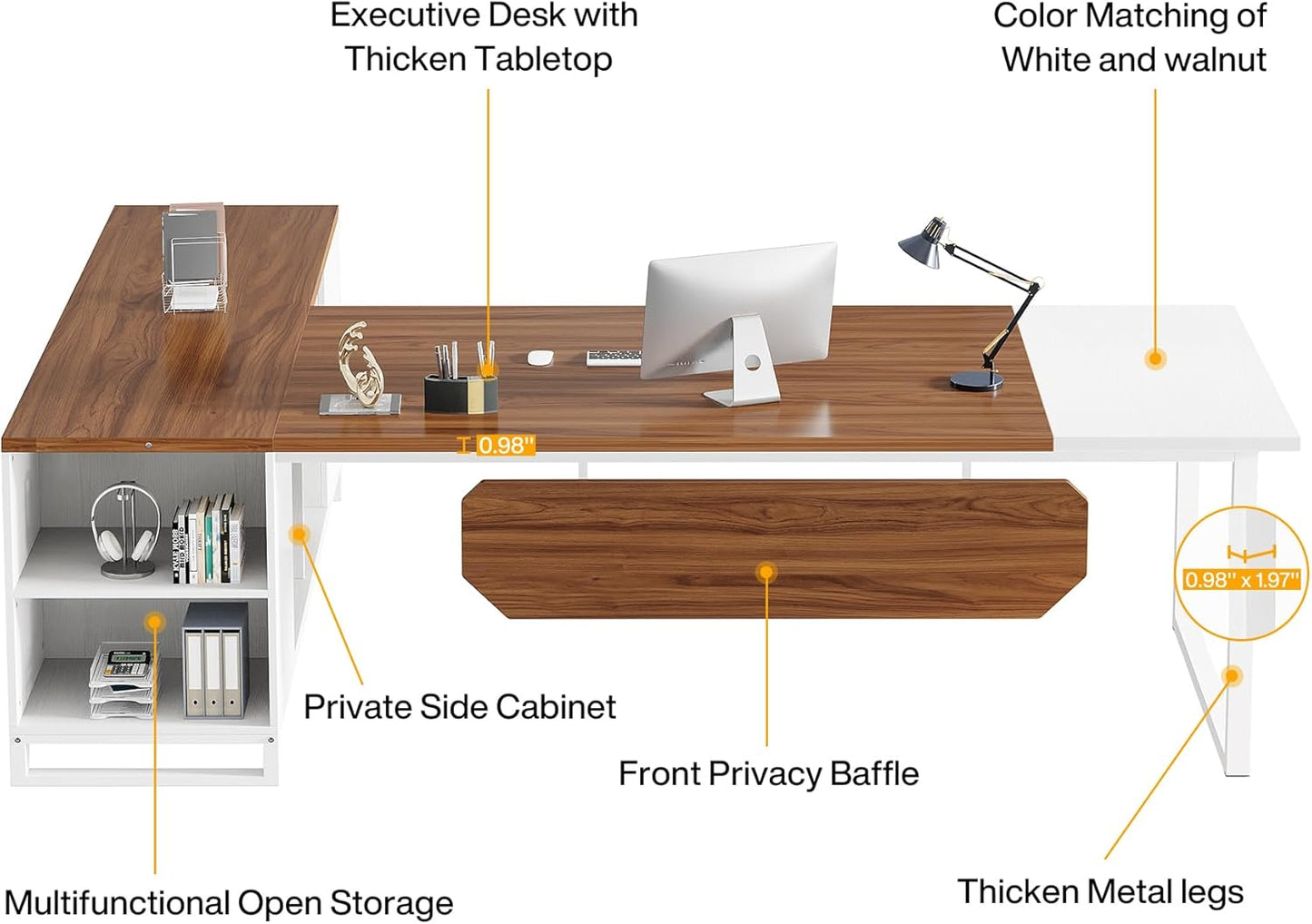 Tribesigns 70.8" L-Shaped Executive Desk with 55" File Cabinet, Large Home Office Computer Desk with Storage Shelves and Cabinet, Modern Business Furniture Set Home Office, Walnut White