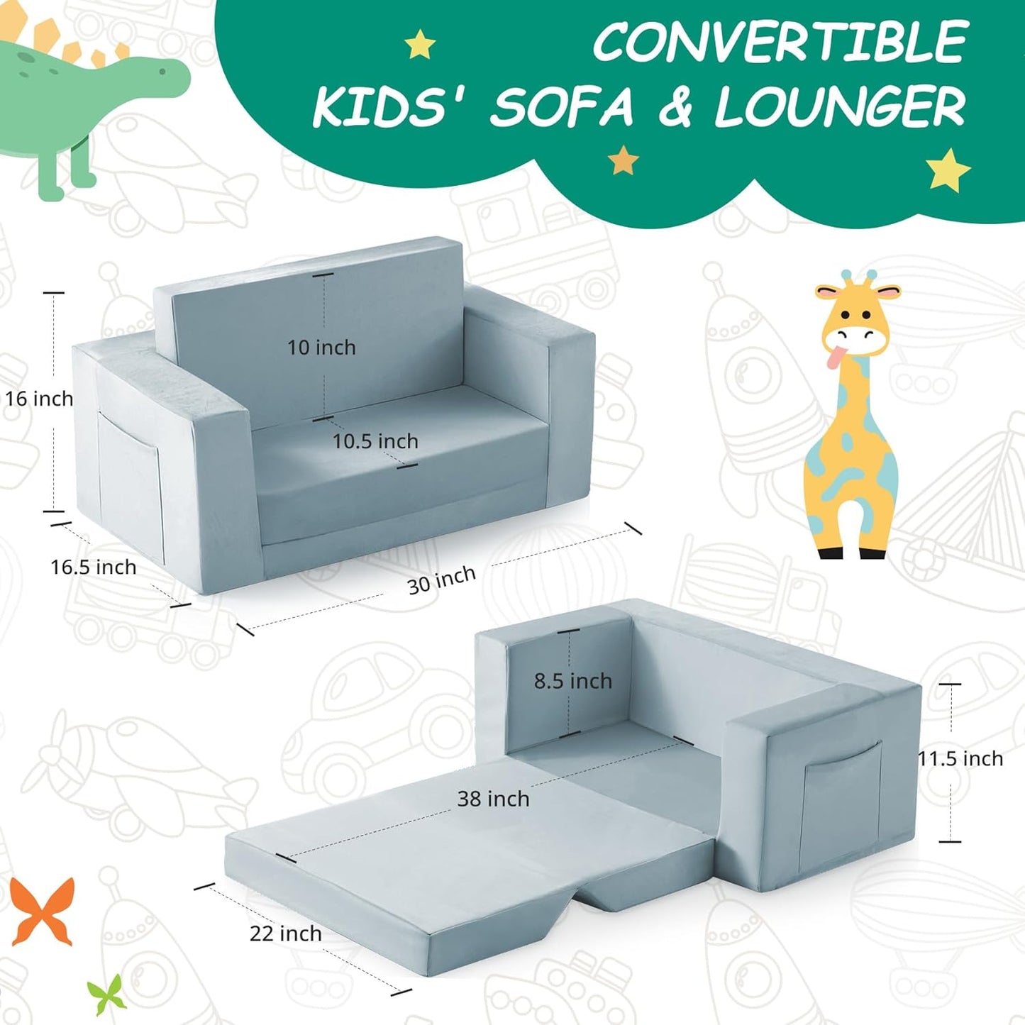 Kids Couch, 2-in-1 Toddler Chair Comfy 1-3 Years, Convertible Kids Chair, Toddler Couch That Fold Out, Kid Lounge Chairs for Boys and Girls, Soft Coral Fleece, Double, Blue