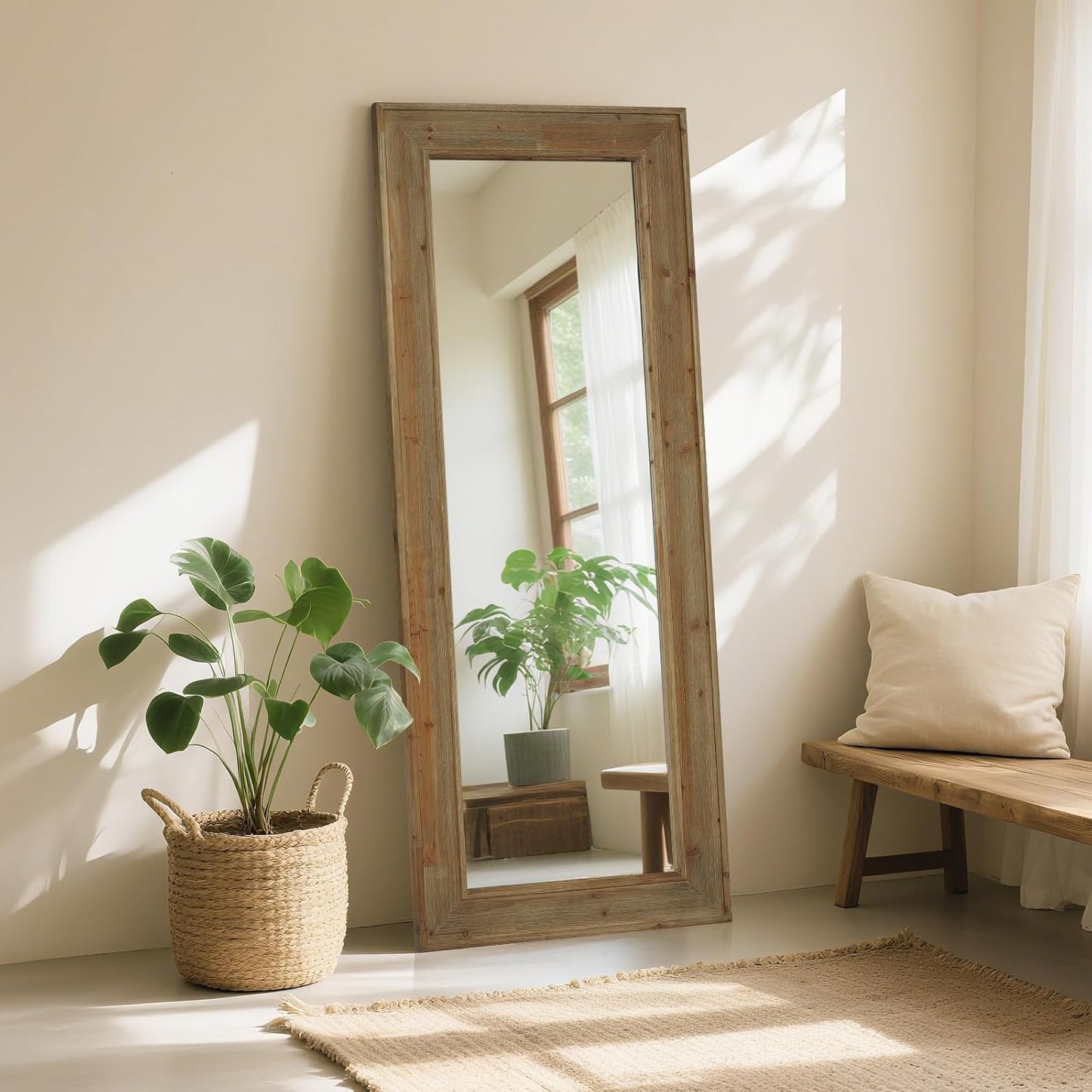 WallBeyond Full Length Mirror Rustic Wood Framed, 24 x 60 inch Farmhouse Wall Mounted Mirror Full Floor Mirror Hanging or Leaning Against Wall, Natural