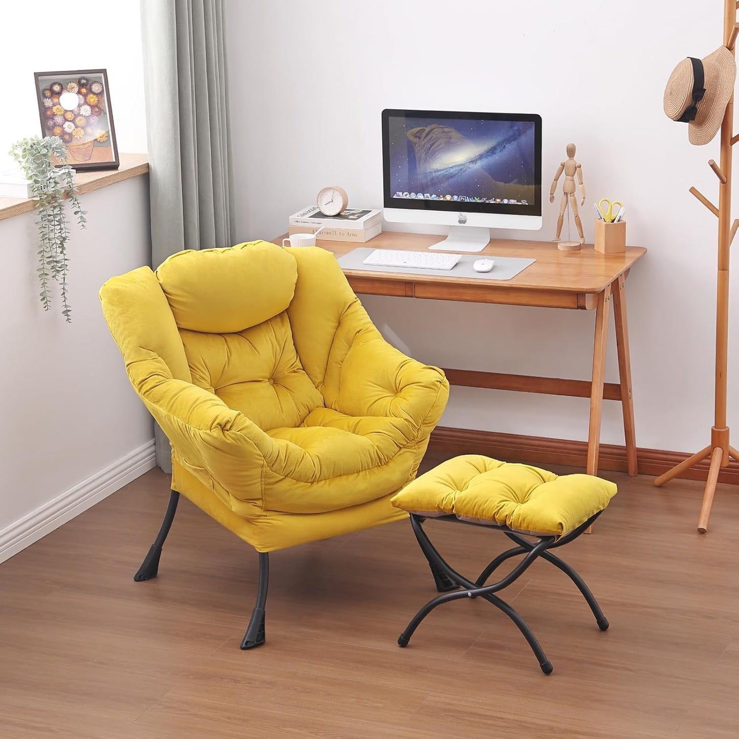 Lazy Chair and Ottoman, Large Accent Lounge Chair with Armrests and a Side Pocket, Modern Leisure Upholstered Sofa Reading Armchair with Footrest for Bedroom, Living Room, Dorm Rooms, Office