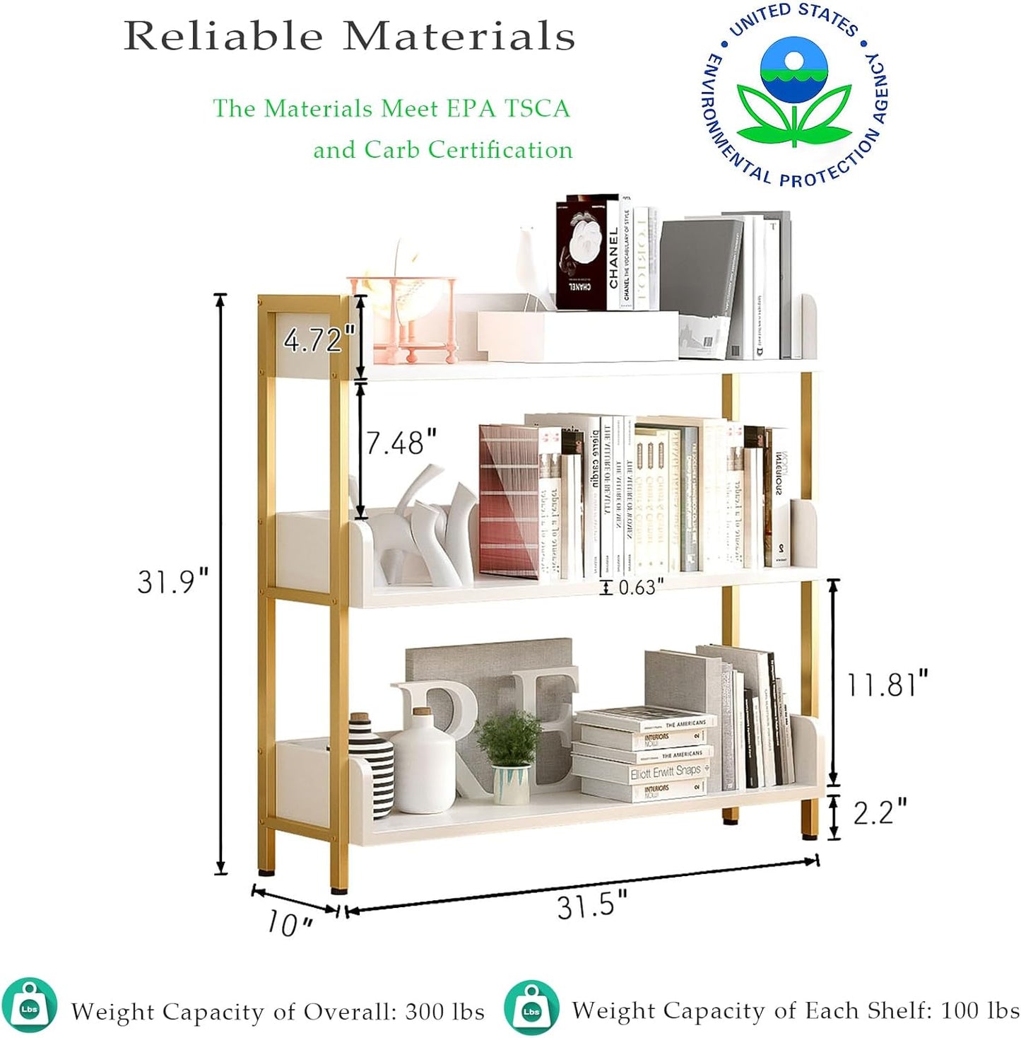 Wide Open Shelf Bookcase - Modern 3-Tier Floor Standing Display Bookshelf with Three-Side Panels for Home and Office, Storage Shelving in Warm White with Gold Frame